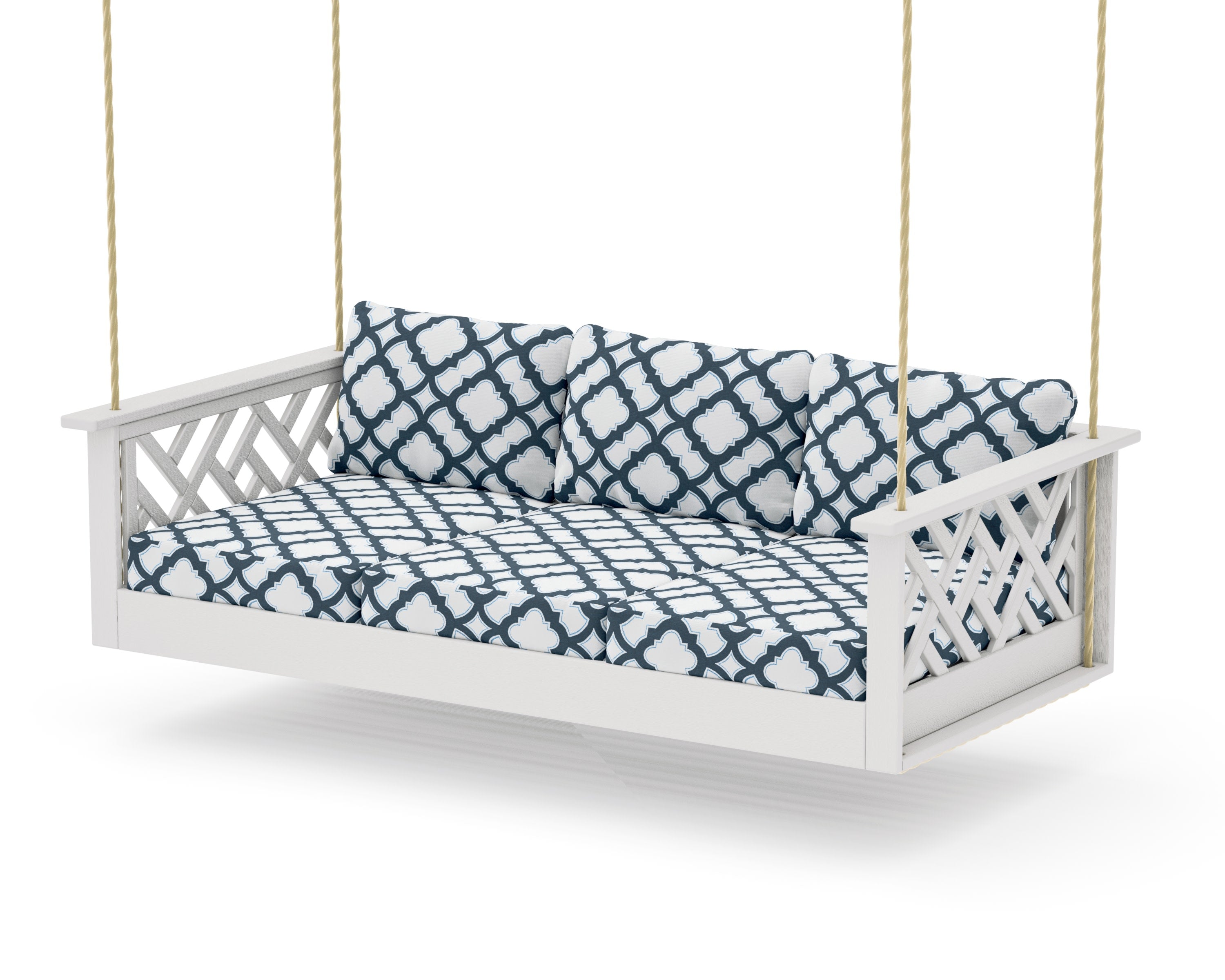 Chippendale Daybed Swing in Vintage White / Trellis Marine Indigo