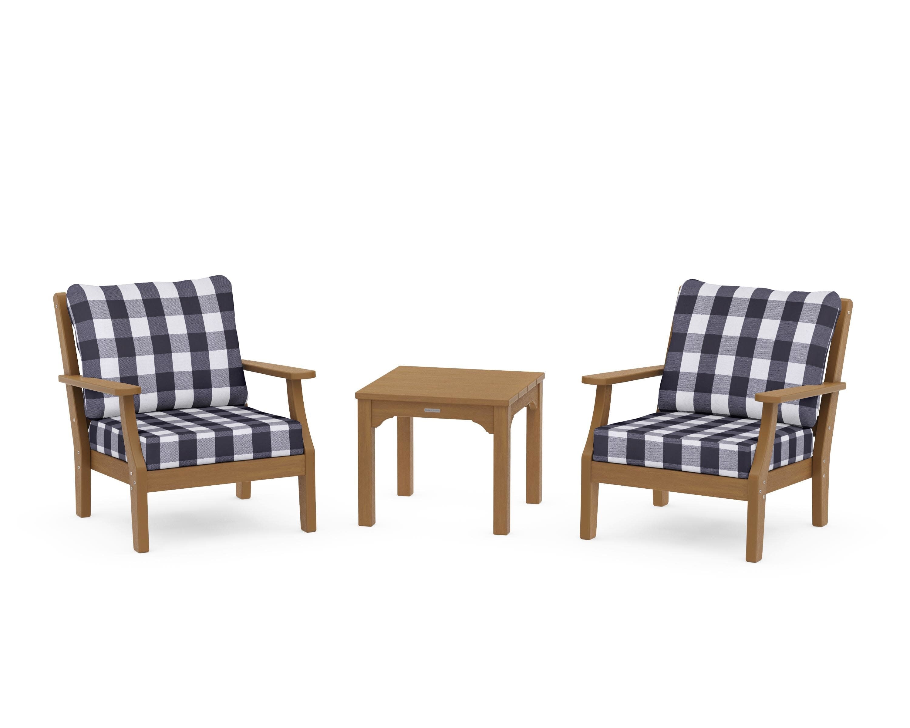 Chinoiserie 3-Piece Deep Seating Set in Natural / Buffalo Plaid Navy
