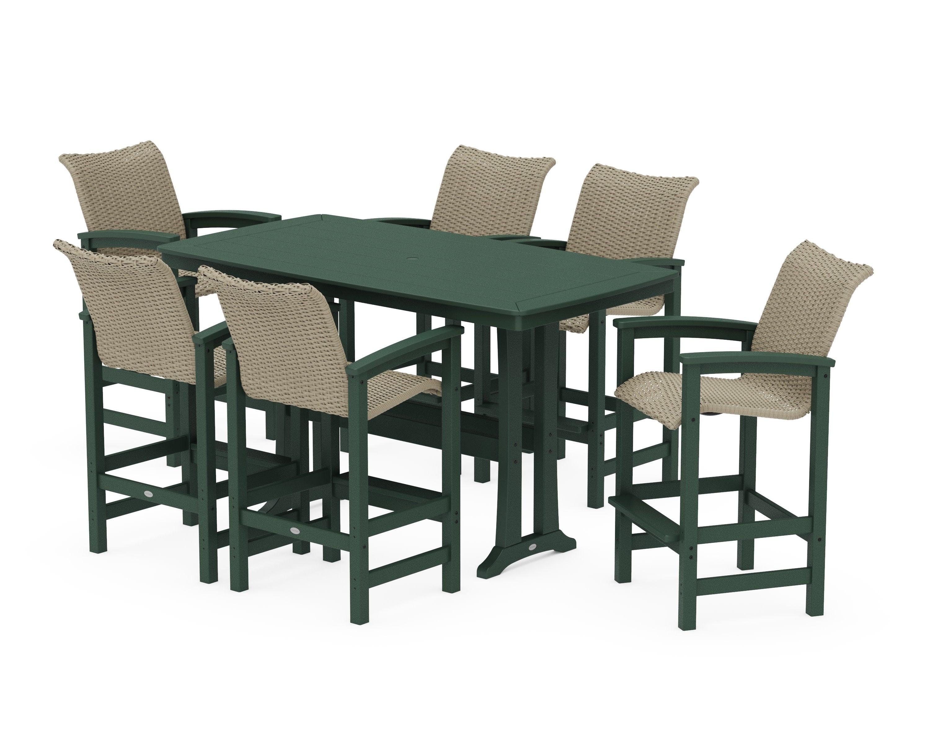 Coastal Woven Arm Chair 7-Piece Bar Set with Trestle Legs in Green / Dune Grass