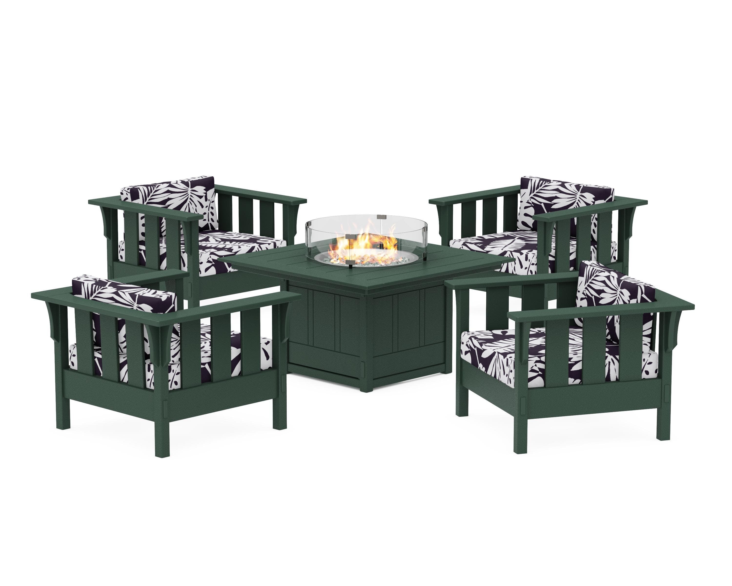 Acadia 5-Piece Deep Seating Set with Fire Pit Table in Green / Leaf Navy