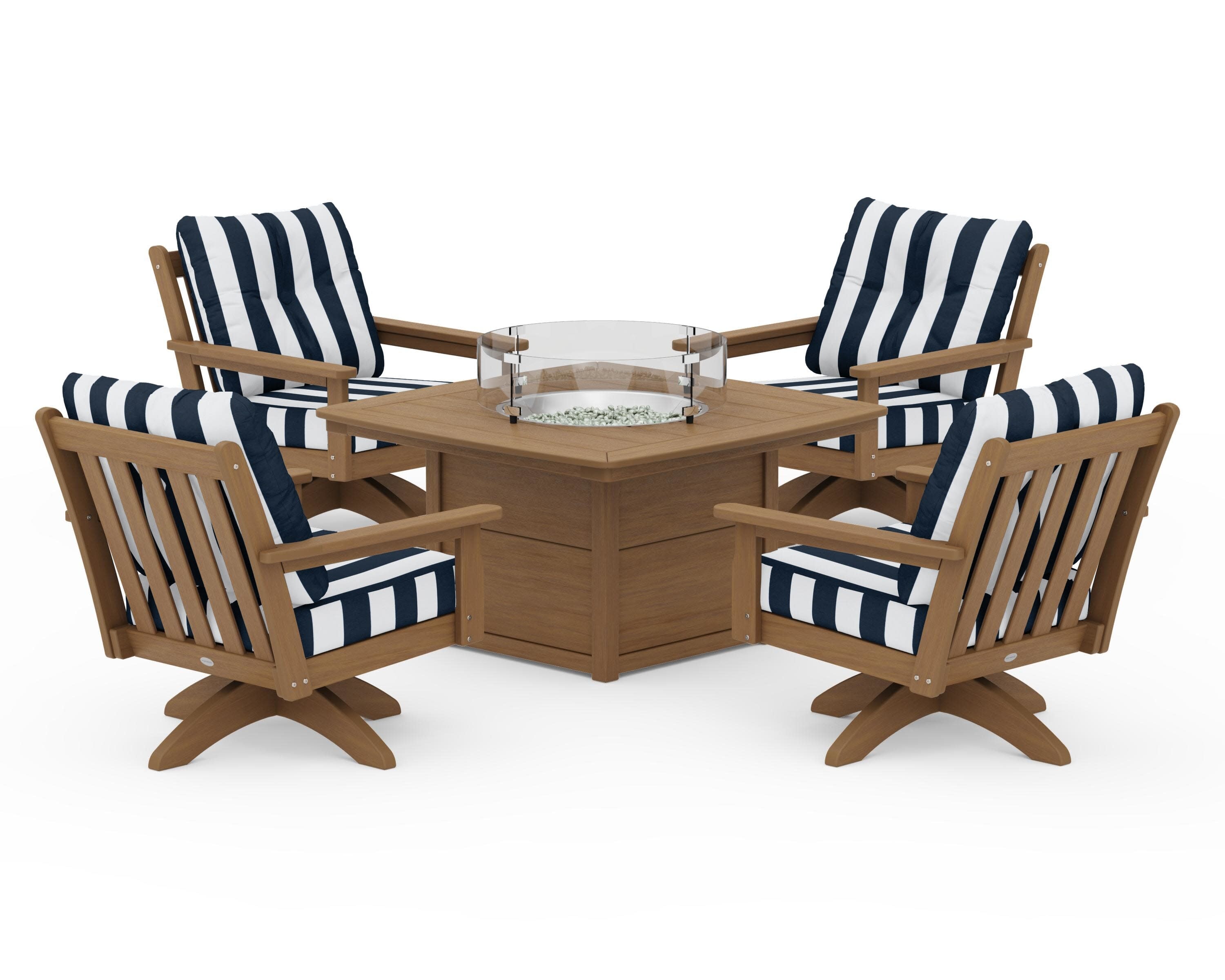 Vineyard 5-Piece Deep Seating Swivel Conversation Set with Fire Pit Table in Natural / Cabana Stripe Marine Indigo
