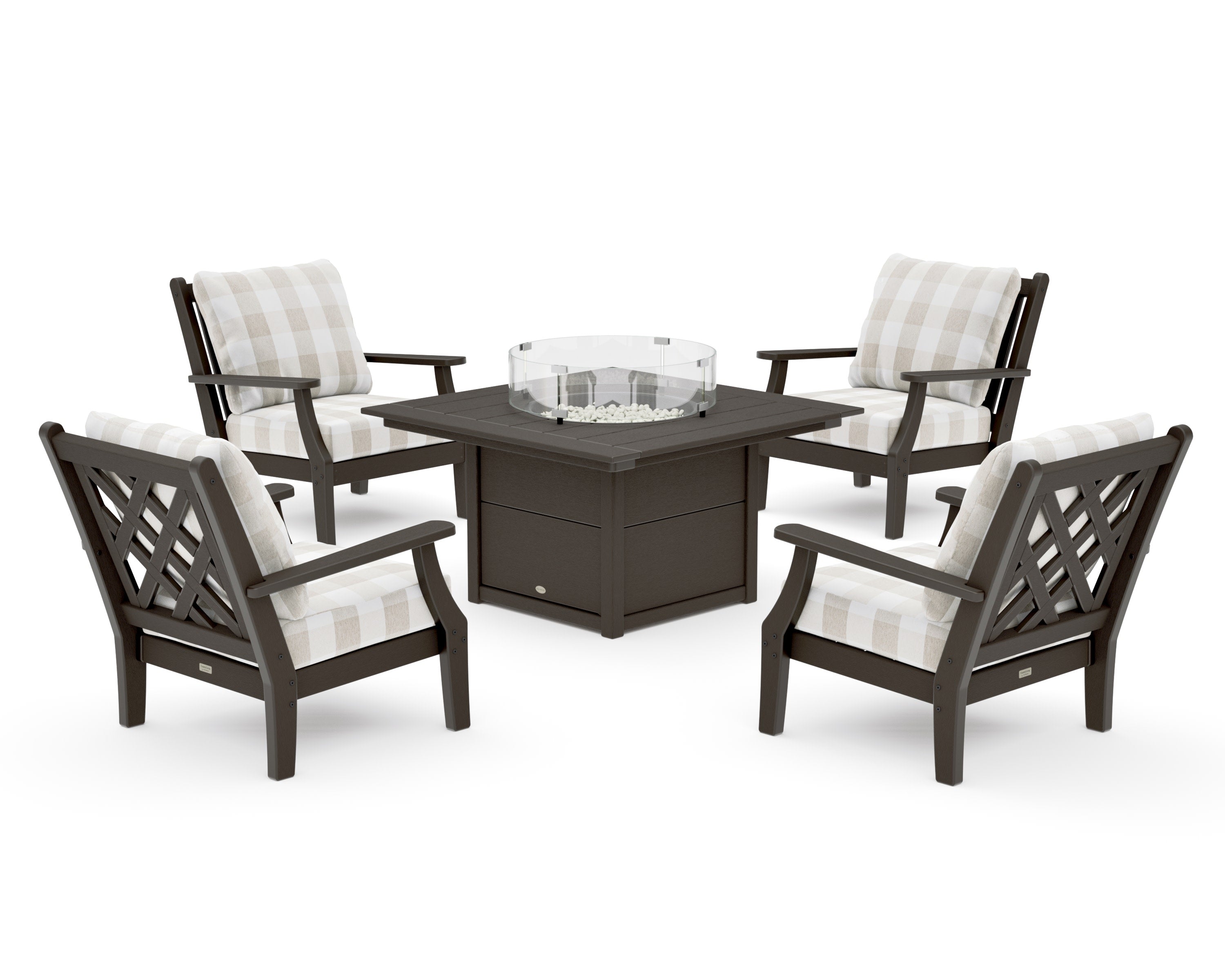 Wovendale 5-Piece Deep Seating Set with Fire Pit Table in Vintage Coffee / Buffalo Plaid Dune Burlap