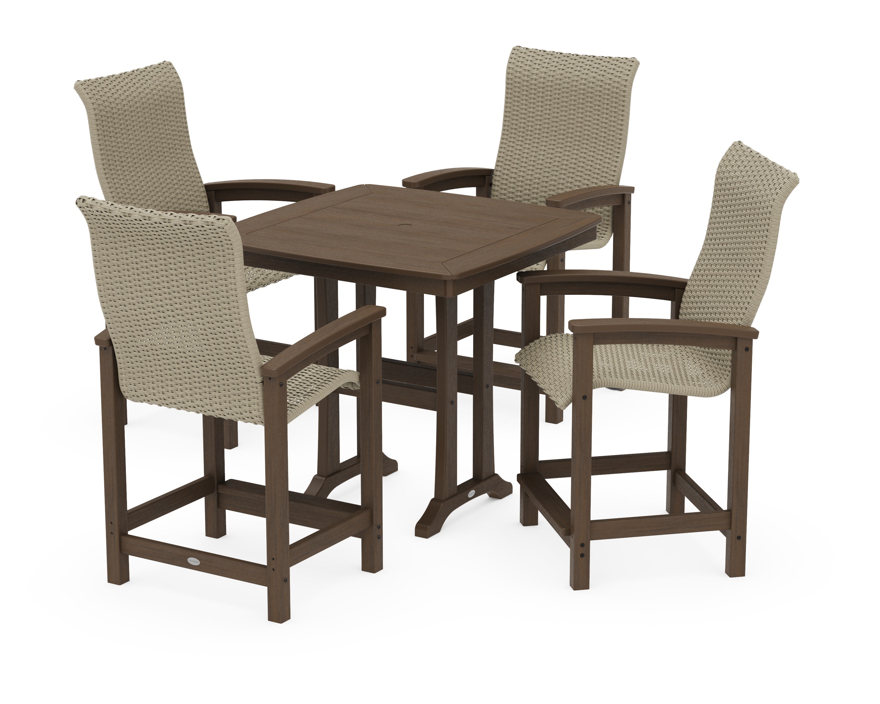 Coastal Woven High-Back 5-Piece Counter Set with Trestle Legs in Kona / Dune Grass