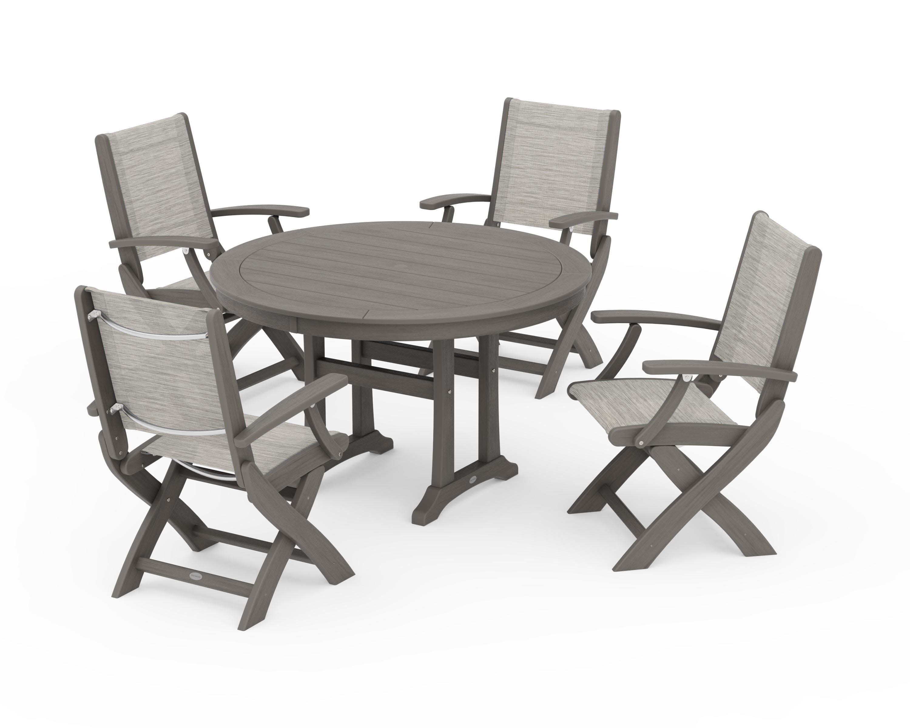 Coastal Folding Chair 5-Piece Round Dining Set with Trestle Legs in Driftwood / Birch Sling