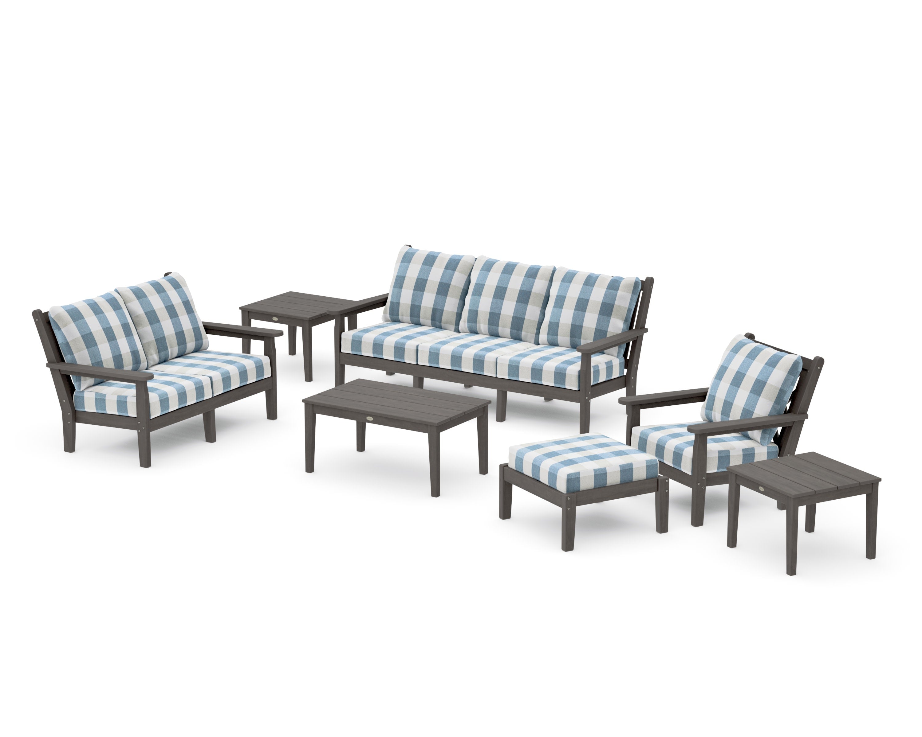 Chippendale 7-Piece Deep Seating Set in Driftwood / Buffalo Plaid Sky Blue