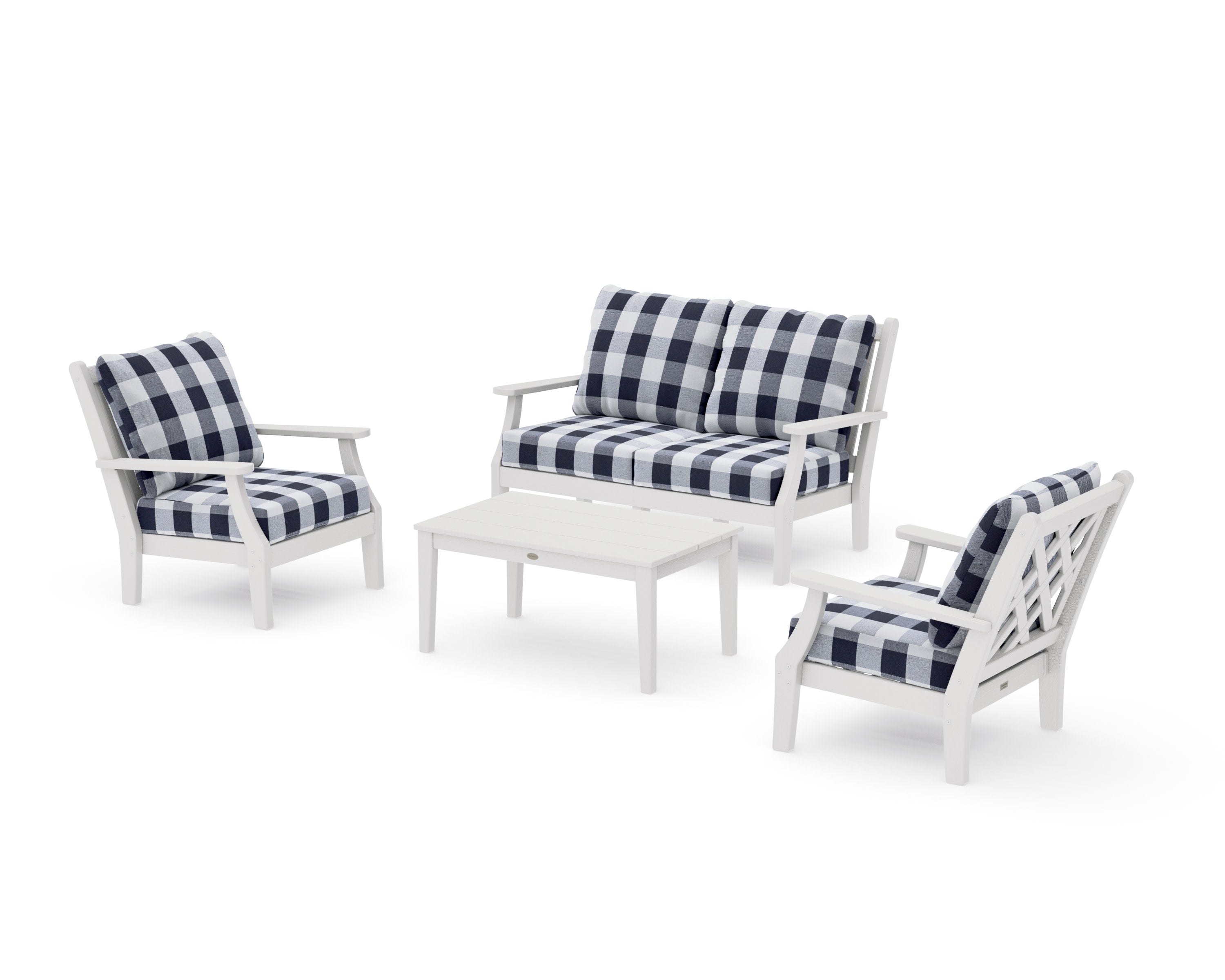 Wovendale 4-Piece Deep Seating Set with Loveseat in Vintage White / Buffalo Plaid Navy