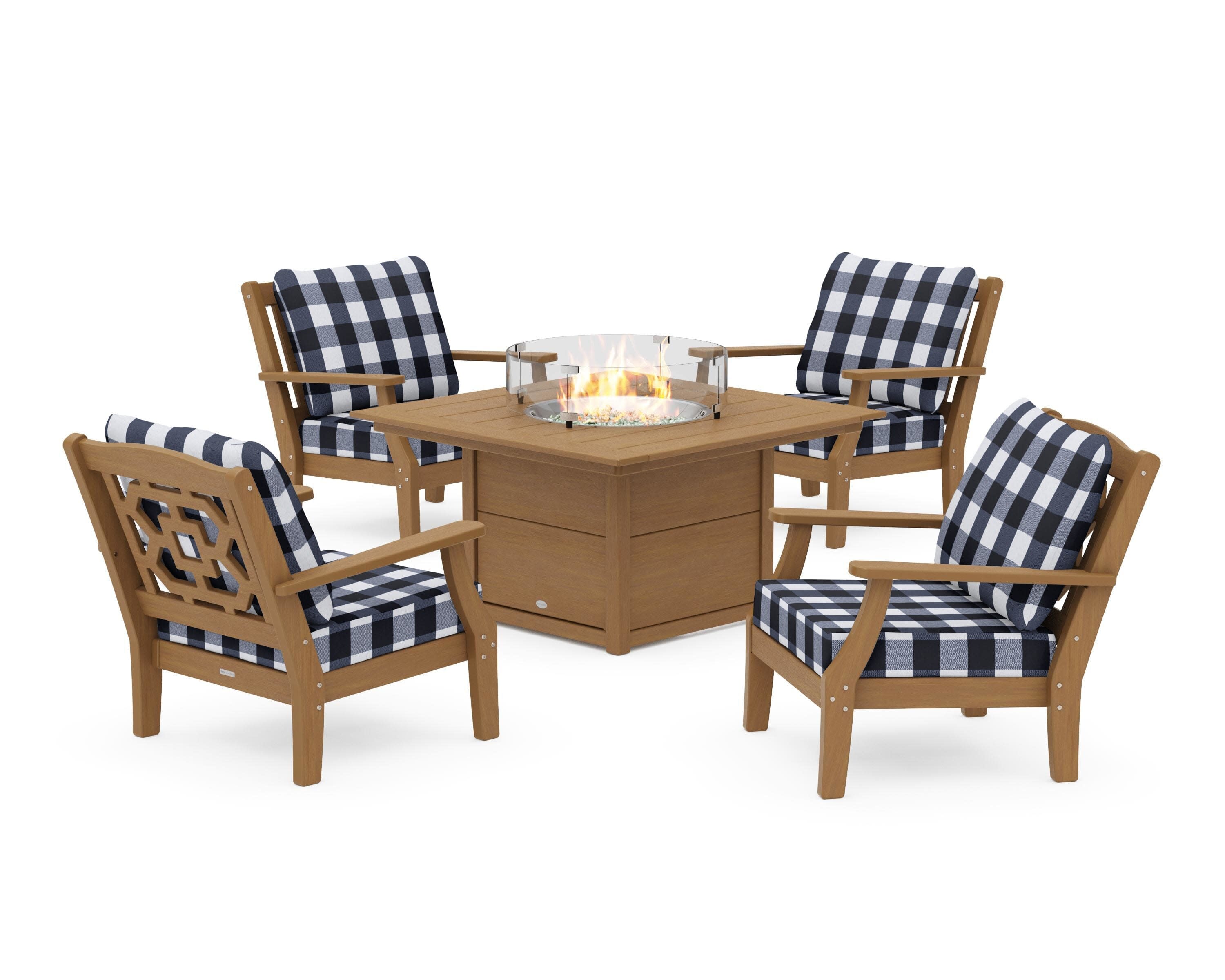 Chinoiserie 5-Piece Deep Seating Set with Fire Pit Table in Natural / Buffalo Plaid Marine Indigo