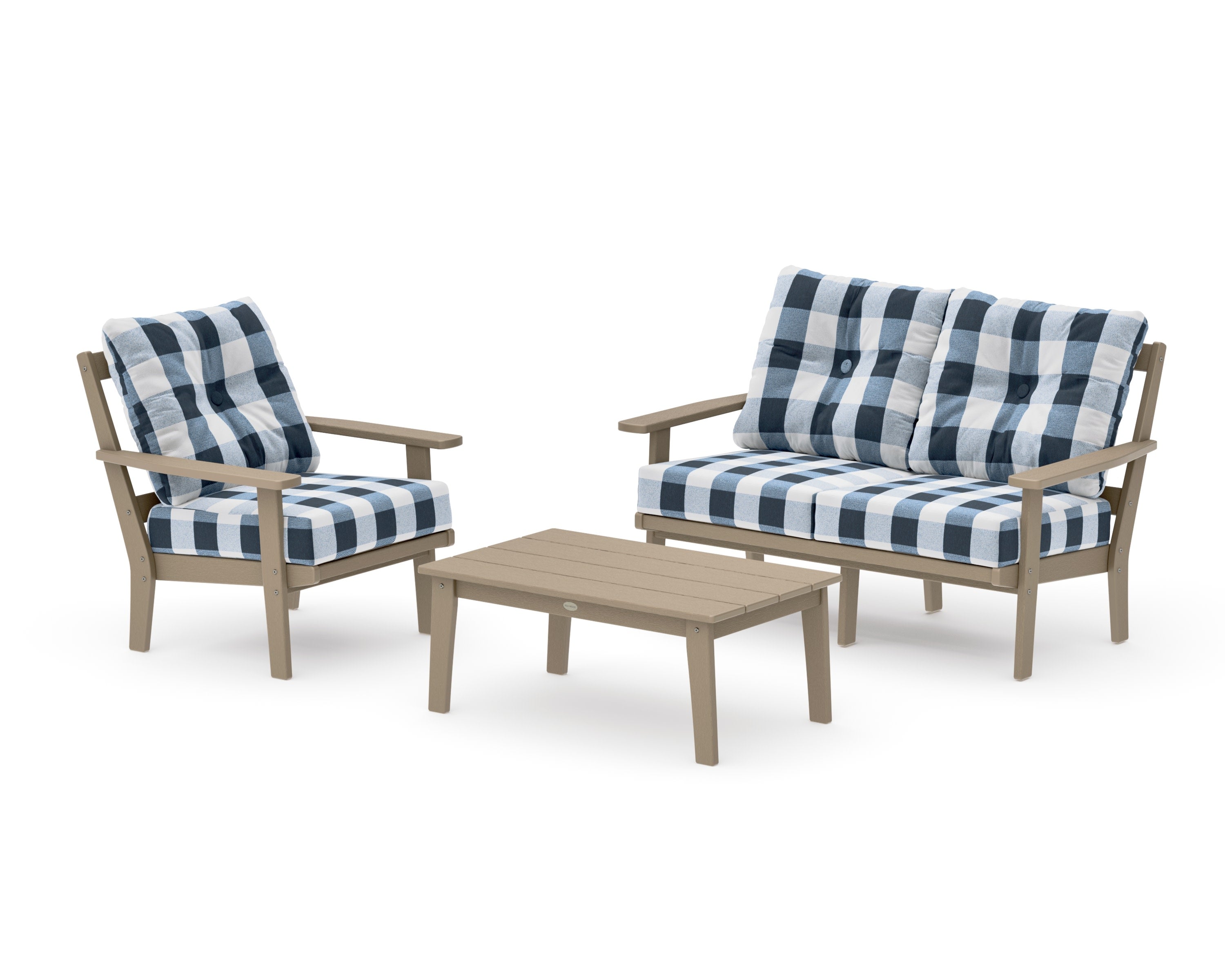 Prairie 3-Piece Deep Seating Set with Loveseat in Vintage Sahara / Buffalo Plaid Marine Indigo