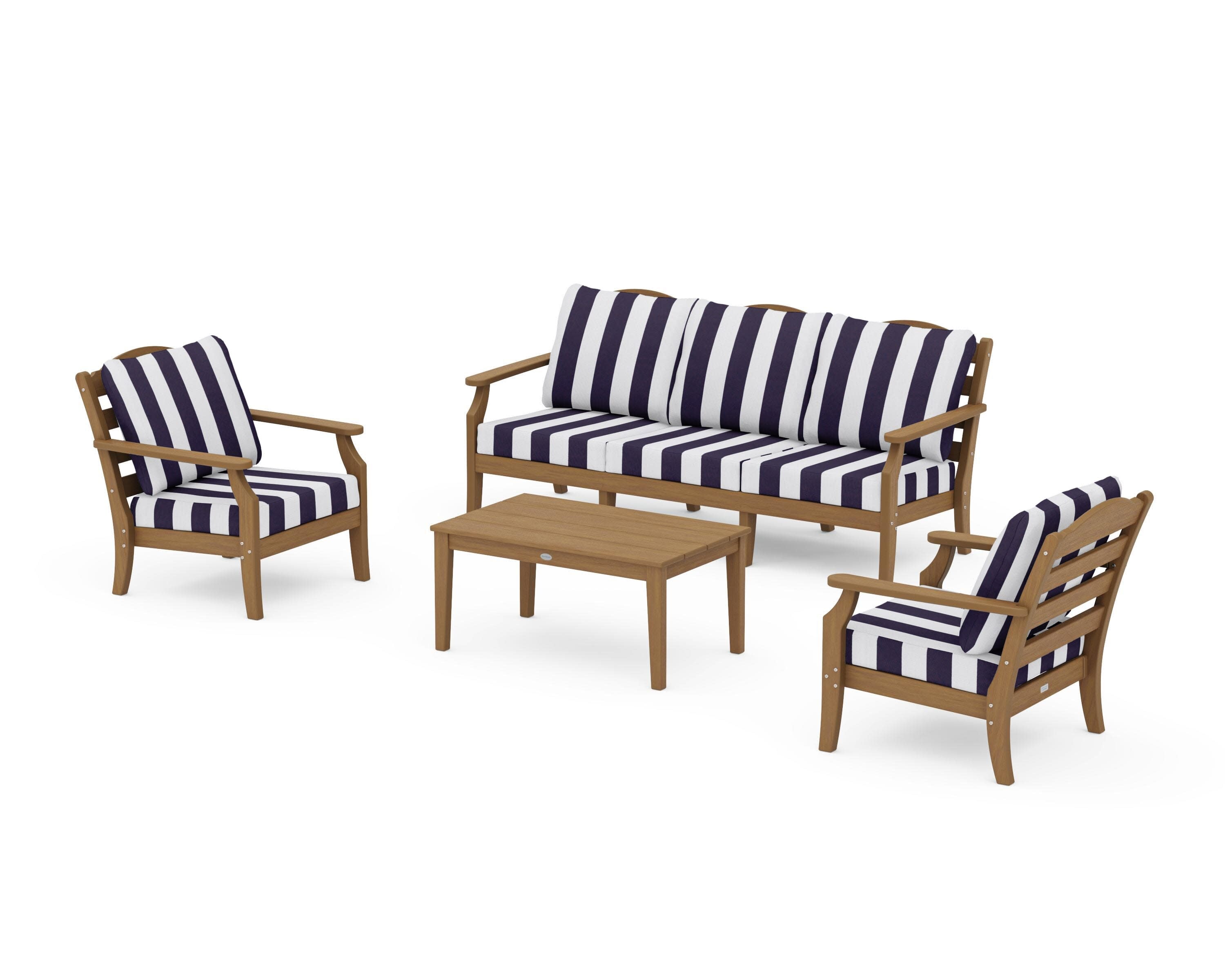 Savannah 4-Piece Deep Seating Set with Sofa in Natural / Cabana Stripe Navy