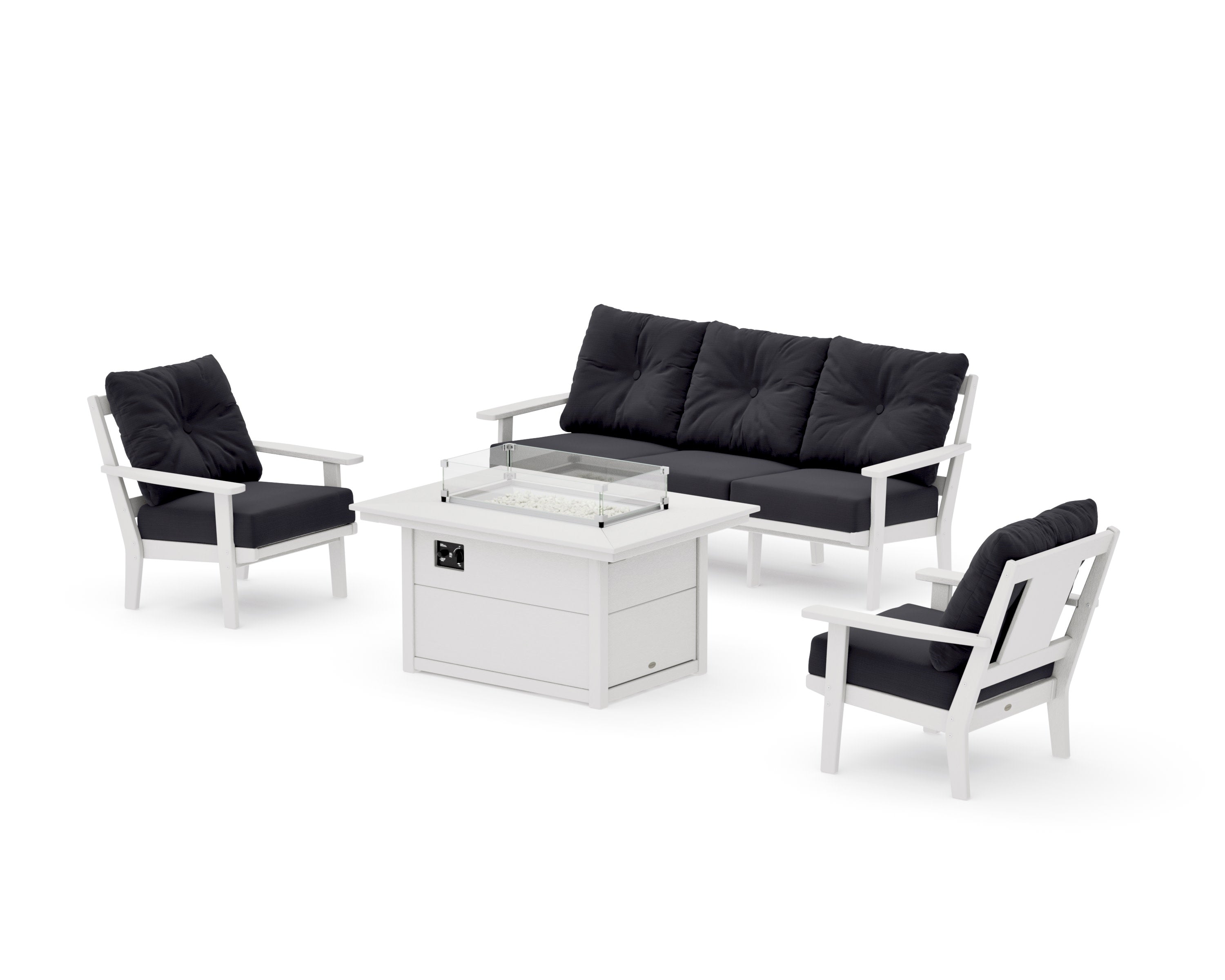 Prairie Deep Seating Fire Pit Table Set in Vintage White / Midnight Linen
