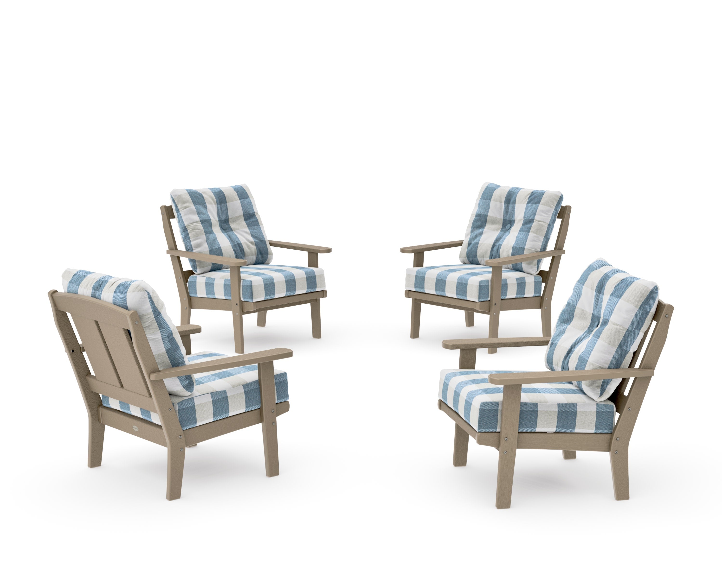 Mission 5-Piece Deep Seating Set with Fire Pit Table in Vintage Sahara / Buffalo Plaid Sky Blue