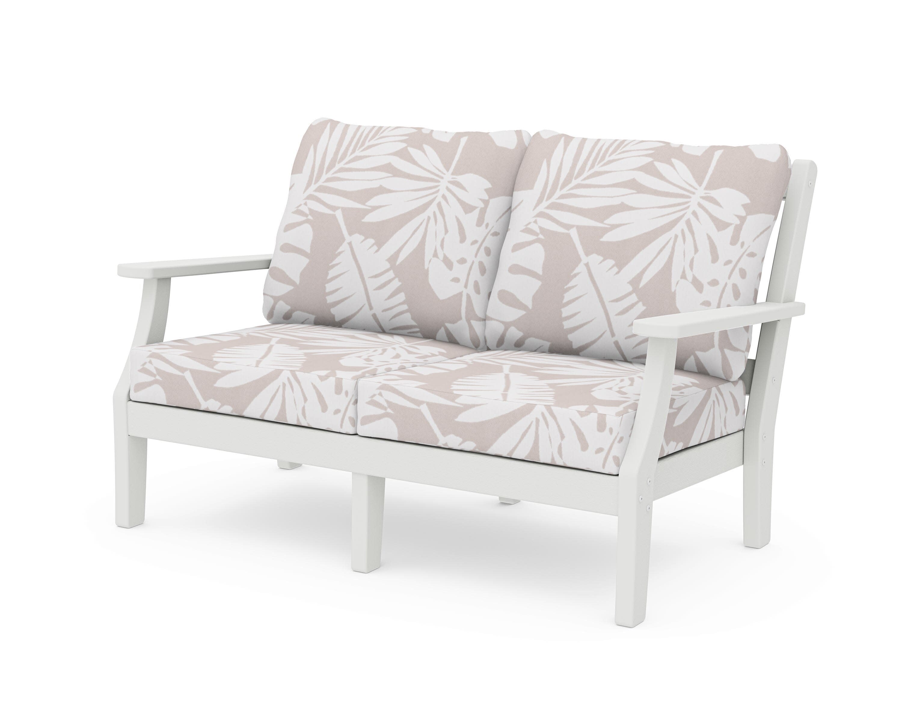 Chinoiserie Deep Seating Loveseat in Vintage White / Leaf Dune Burlap