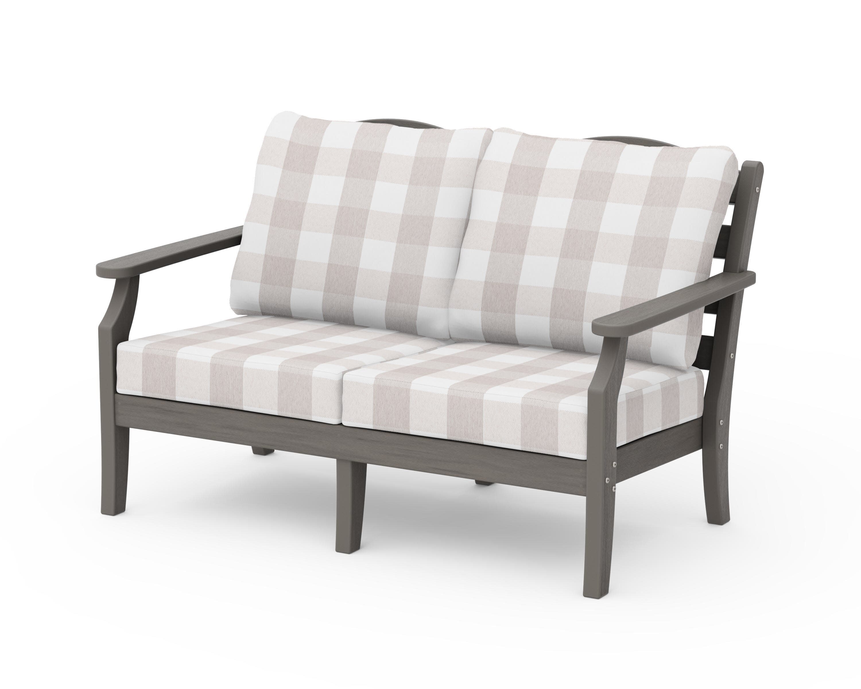 Savannah Deep Seating Loveseat in Driftwood / Buffalo Plaid Dune Burlap