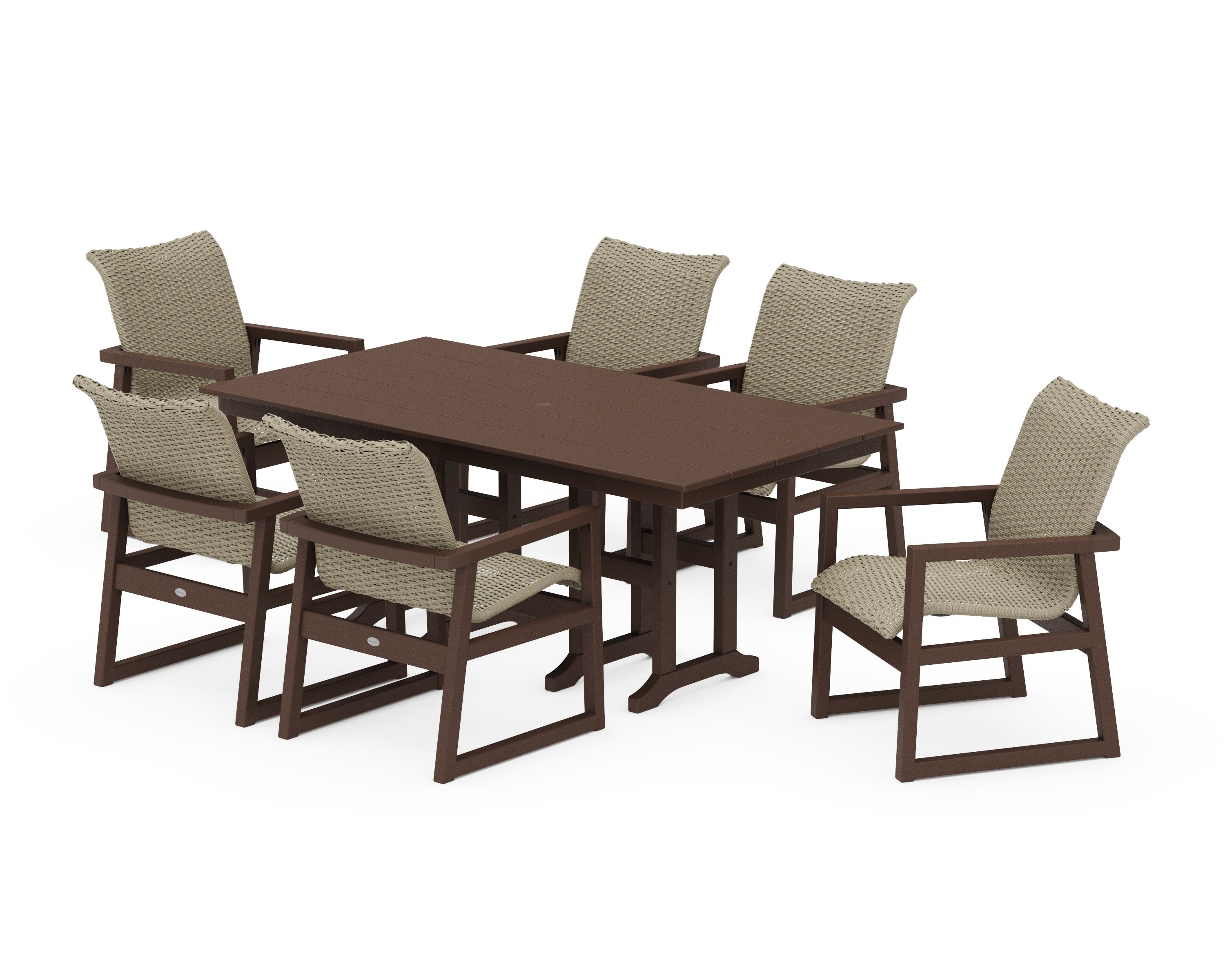 EDGE Woven Arm Chair 7-Piece Farmhouse Dining Set in Mahogany / Dune Grass