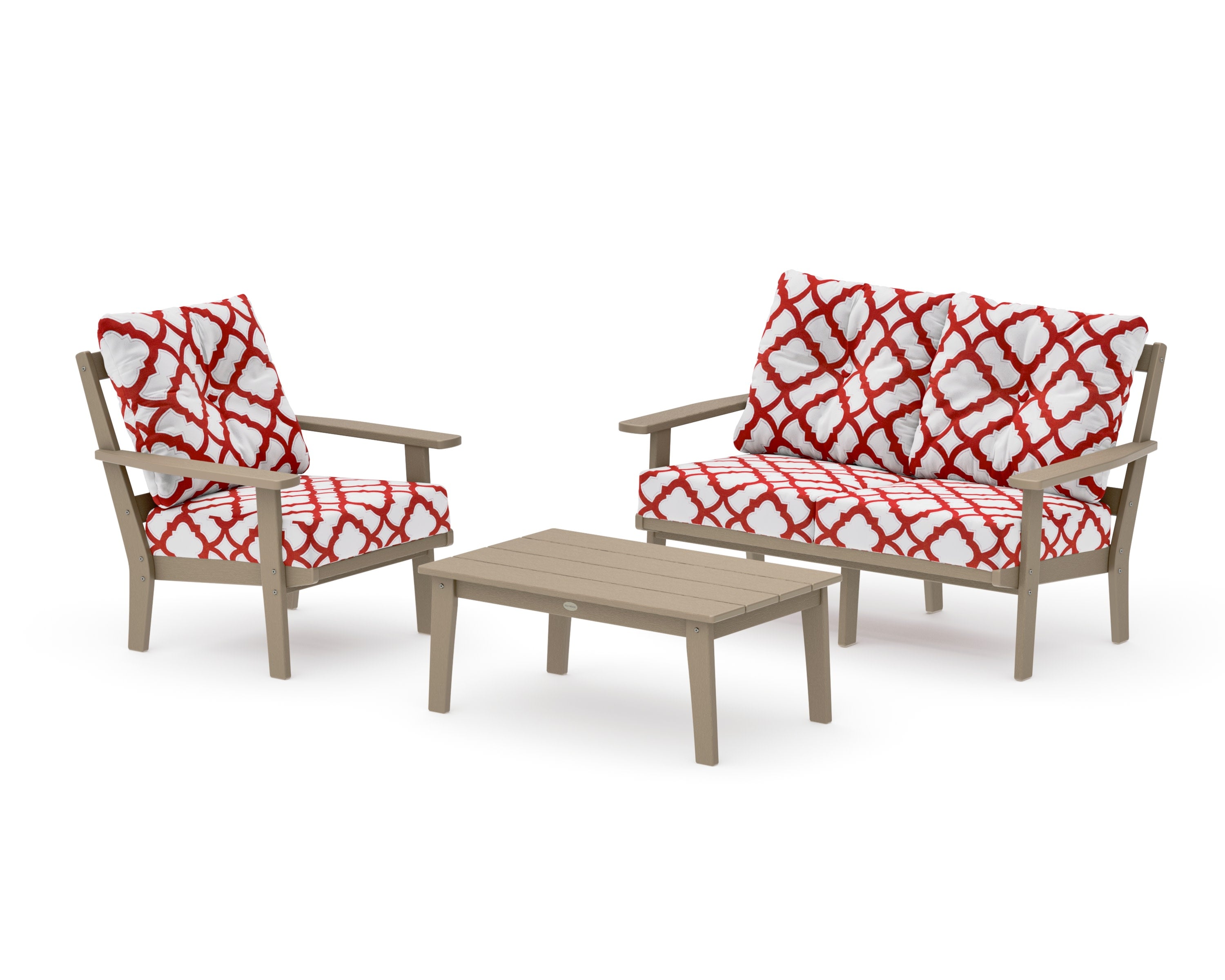 Oxford 3-Piece Deep Seating Set with Loveseat in Vintage Sahara / Trellis Crimson
