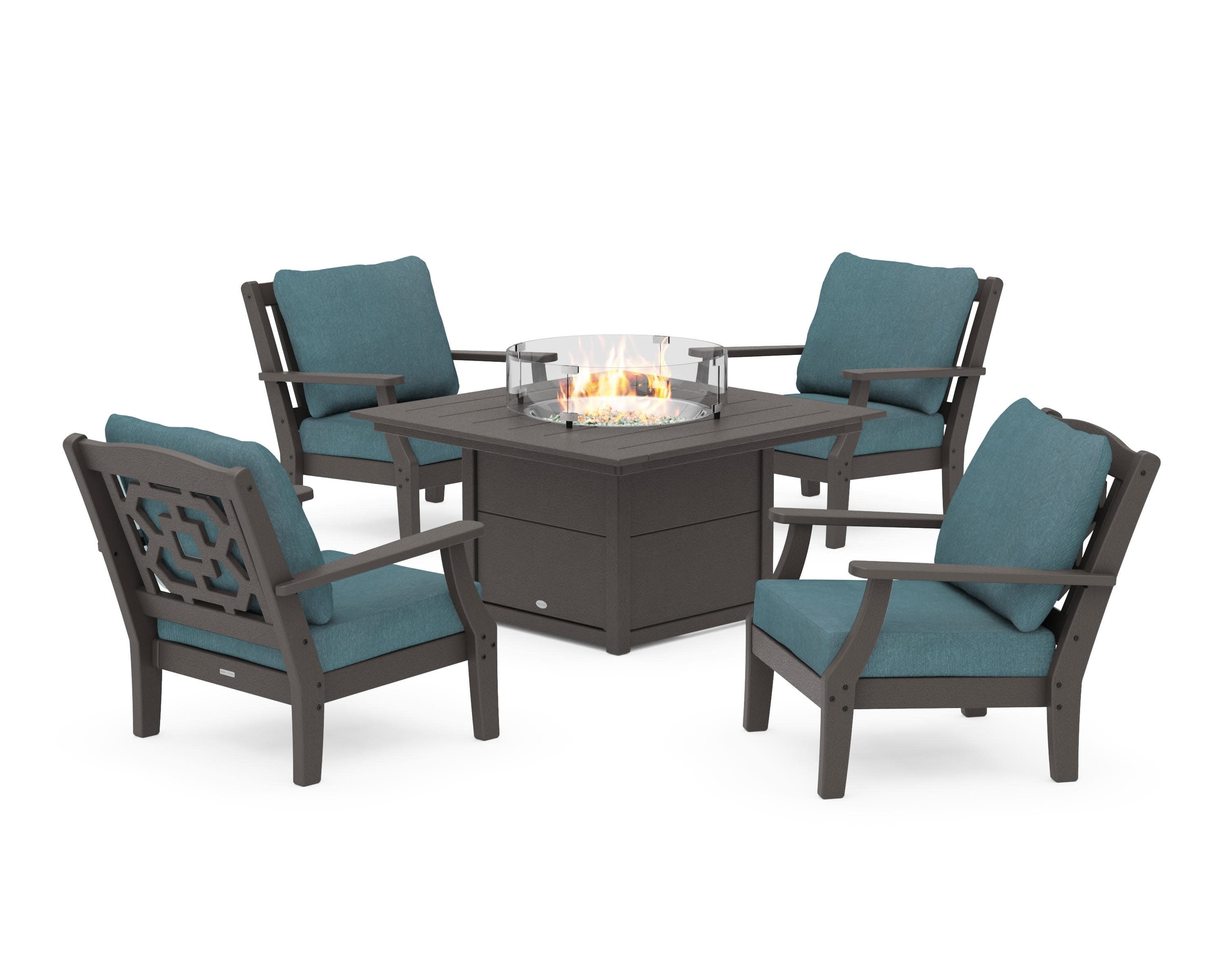 Chinoiserie 5-Piece Deep Seating Set with Fire Pit Table in Vintage Coffee / Ocean Teal