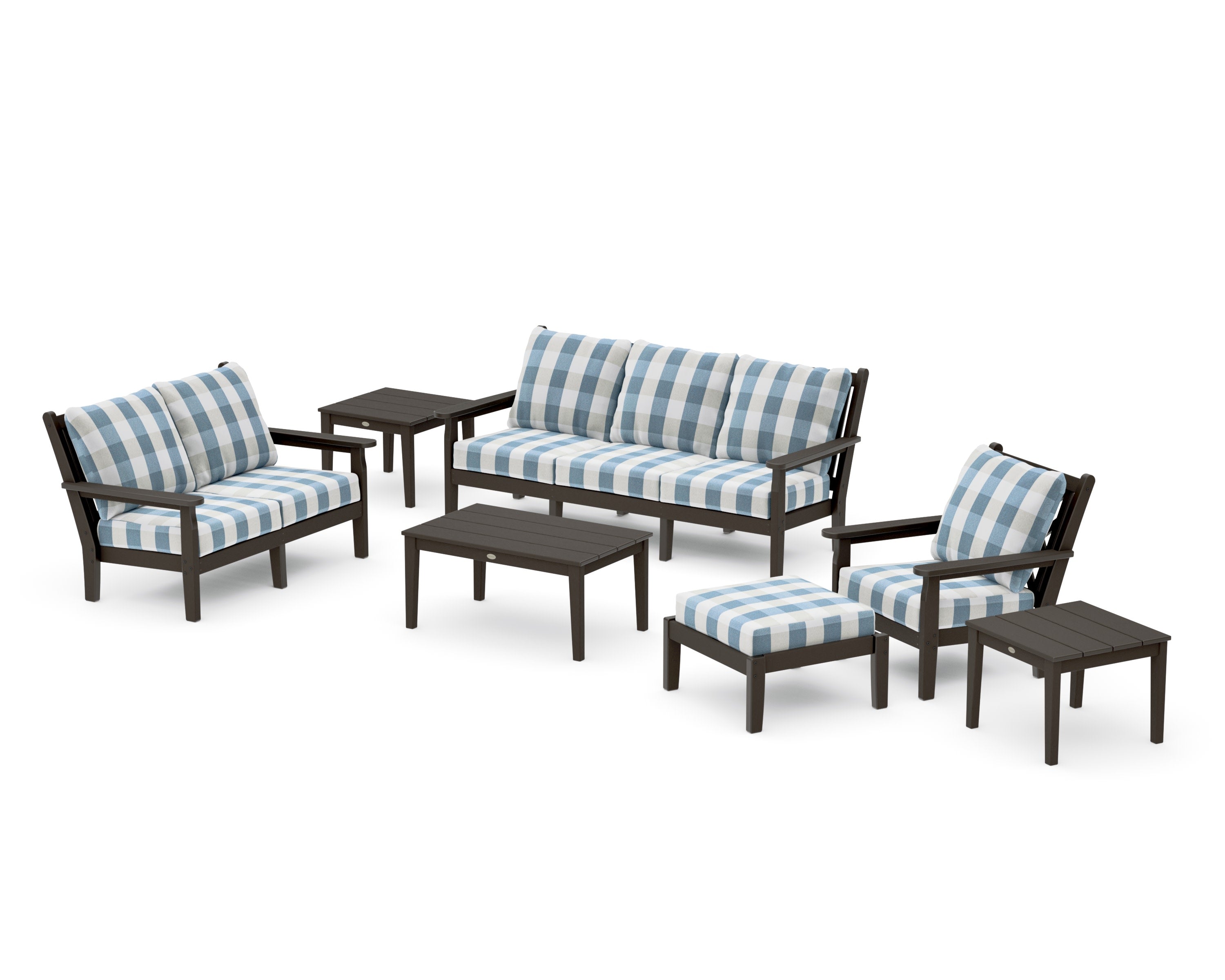 Chippendale 7-Piece Deep Seating Set in Vintage Coffee / Buffalo Plaid Sky Blue