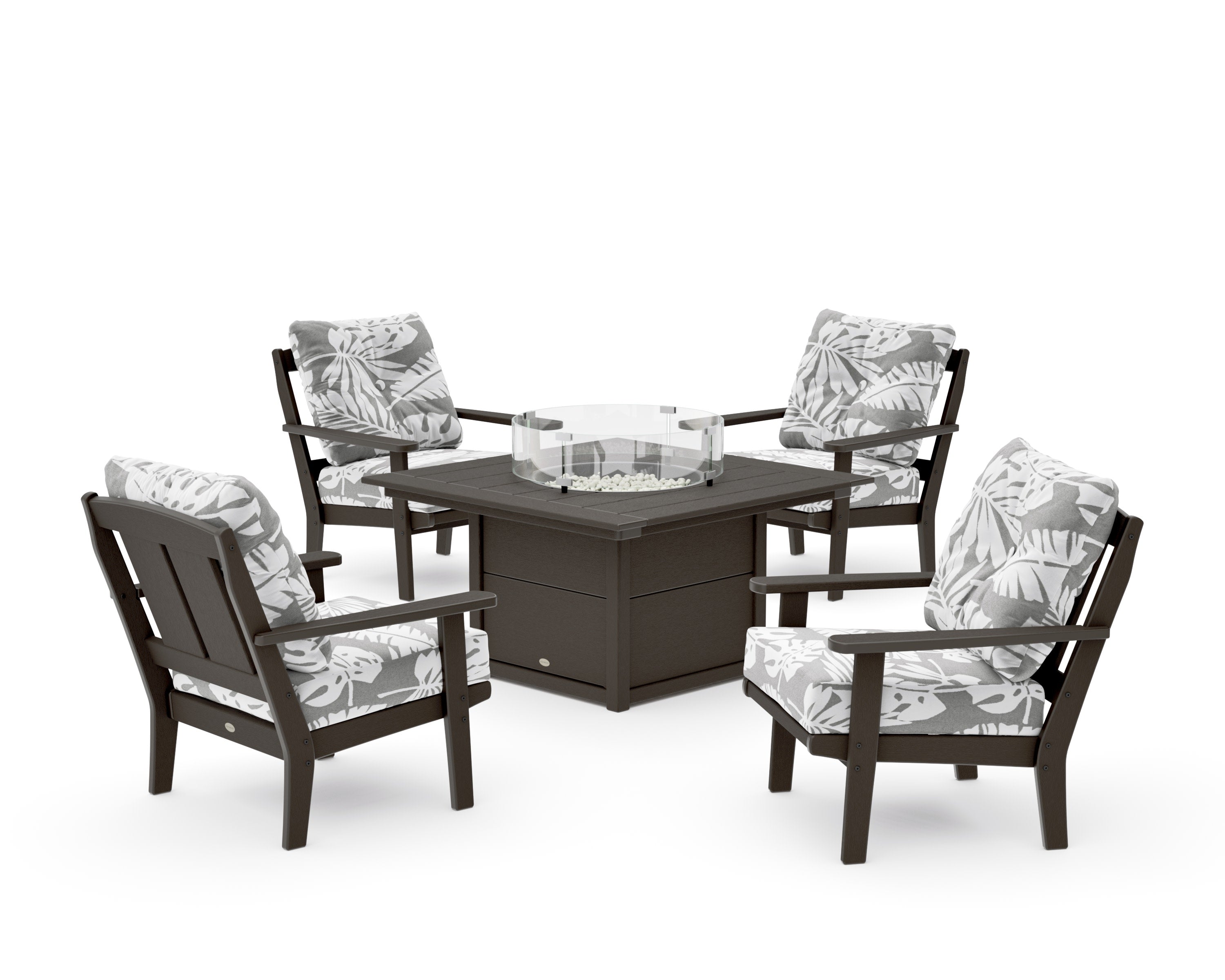 Mission 5-Piece Deep Seating Set with Fire Pit Table in Vintage Coffee / Leaf Grey Mist