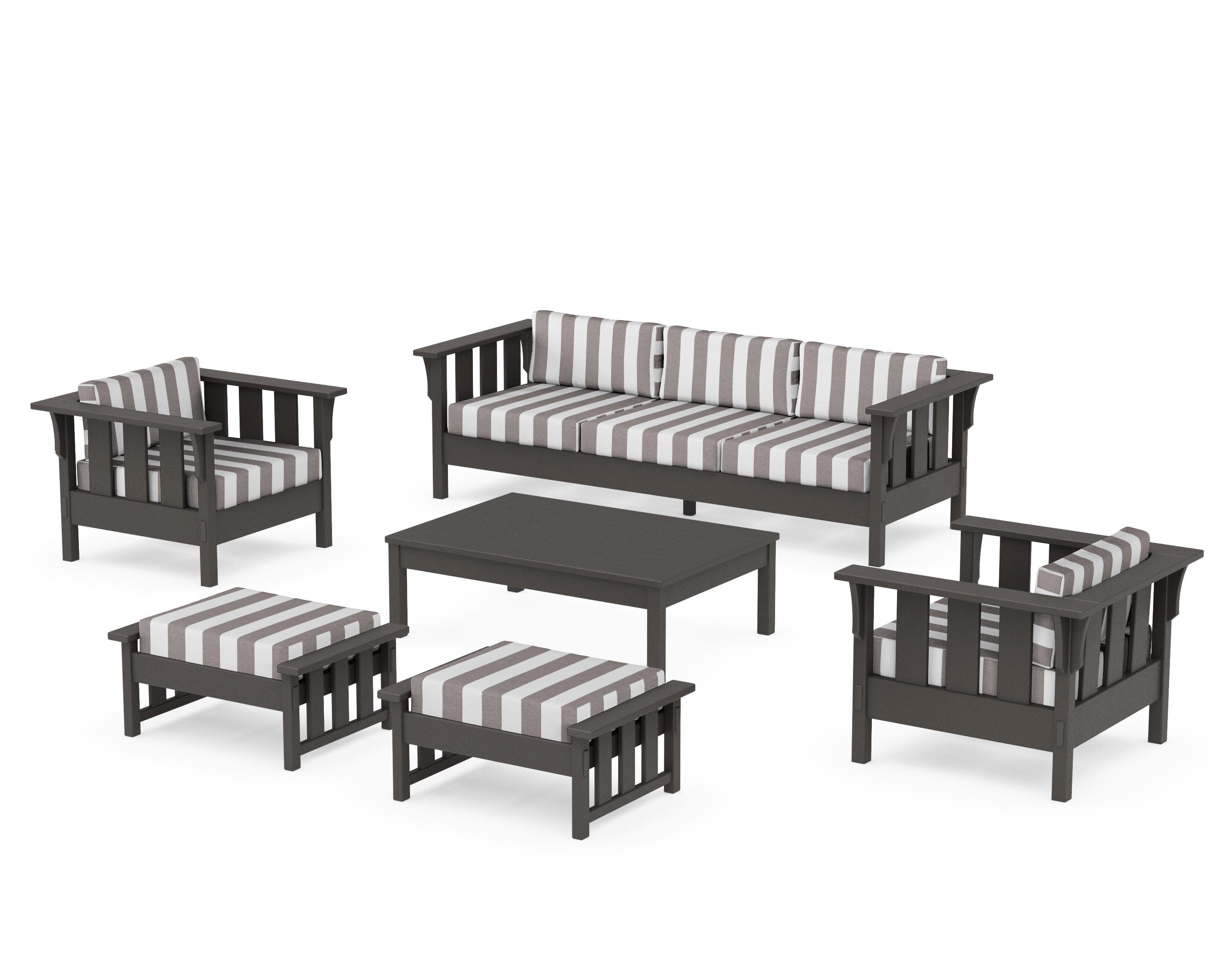 Acadia 6-Piece Lounge Sofa Set in Vintage Coffee / Cabana Stripe Grey Mist