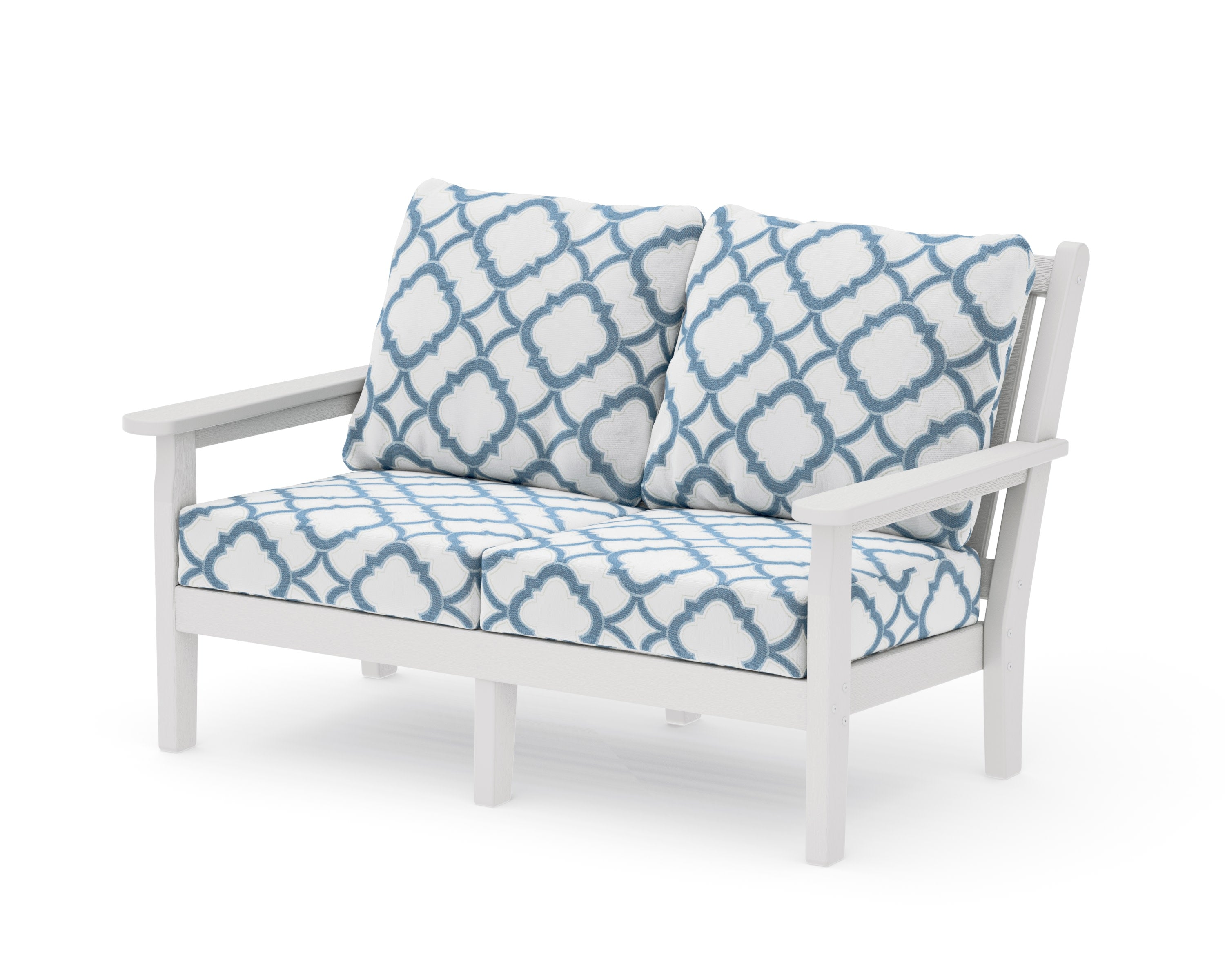 Chippendale Deep Seating Loveseat in Vintage White / Trellis Sky Blue