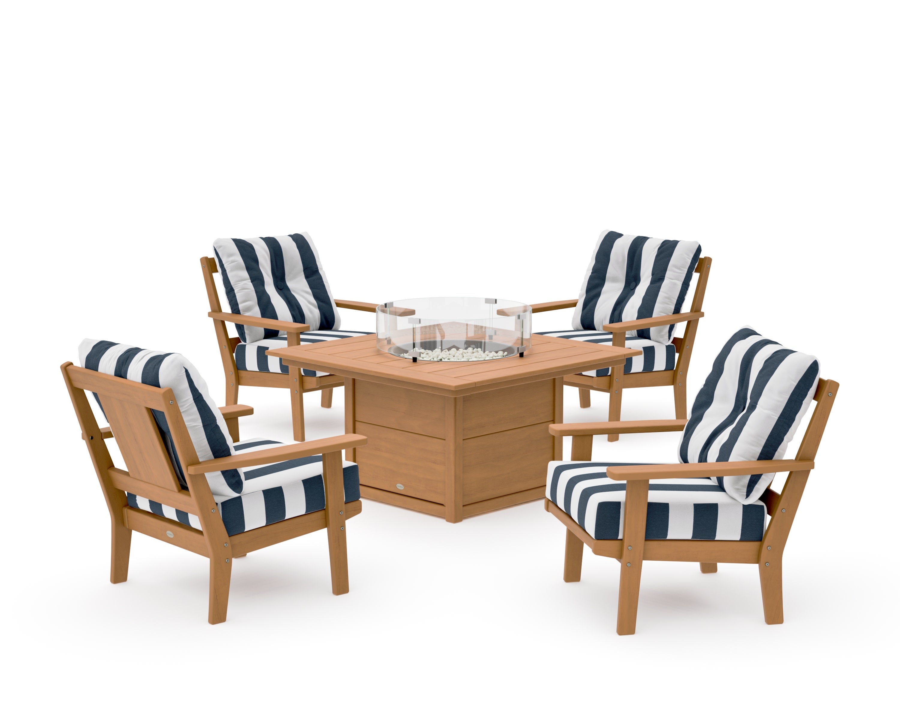Prairie 5-Piece Deep Seating Set with Fire Pit Table in Natural / Cabana Stripe Marine Indigo