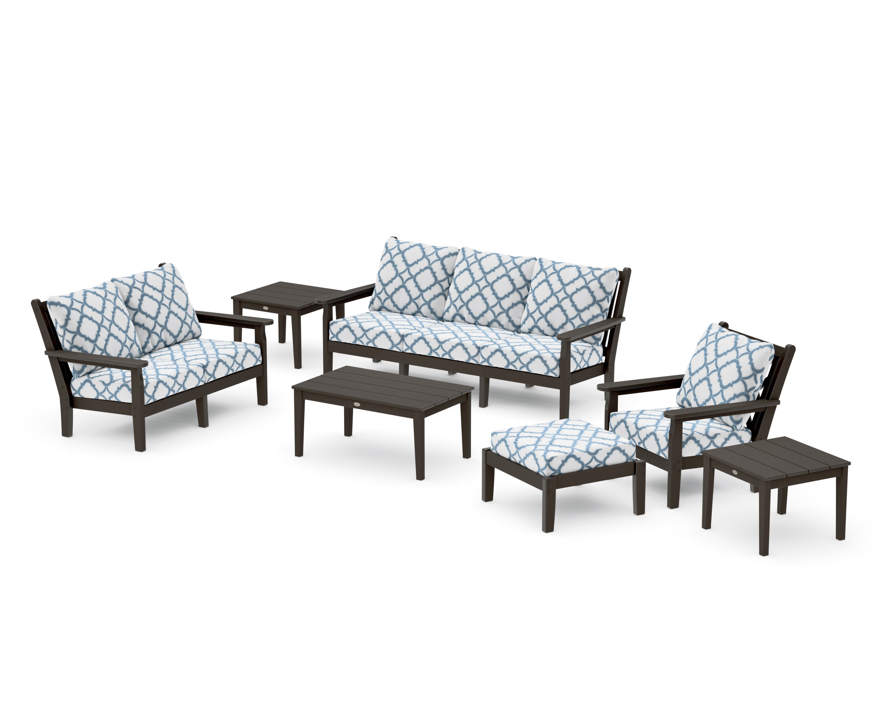 Chippendale 7-Piece Deep Seating Set in Vintage Coffee / Trellis Sky Blue