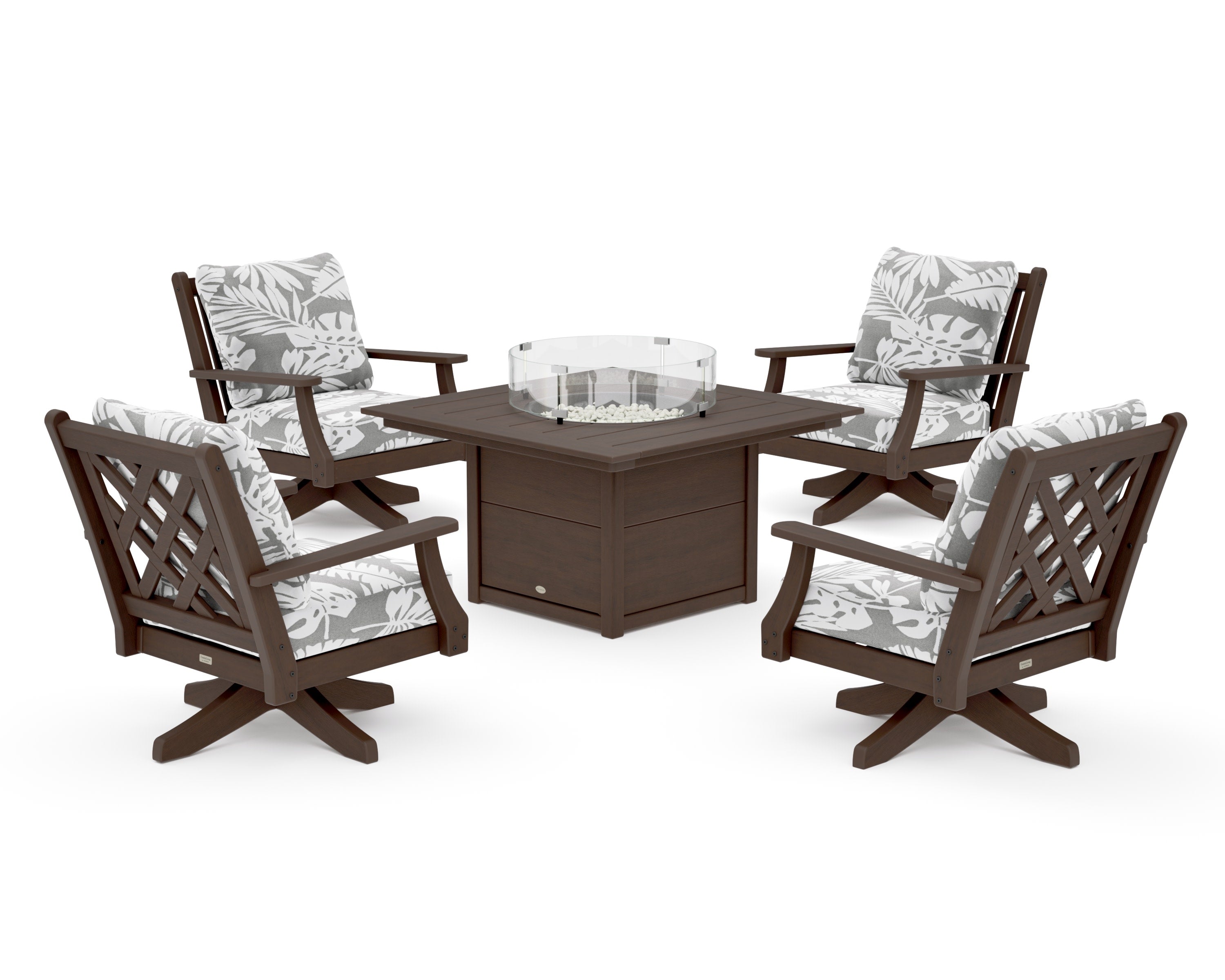 Wovendale 5-Piece Deep Seating Swivel Conversation Set with Fire Pit Table in Kona / Leaf Grey Mist