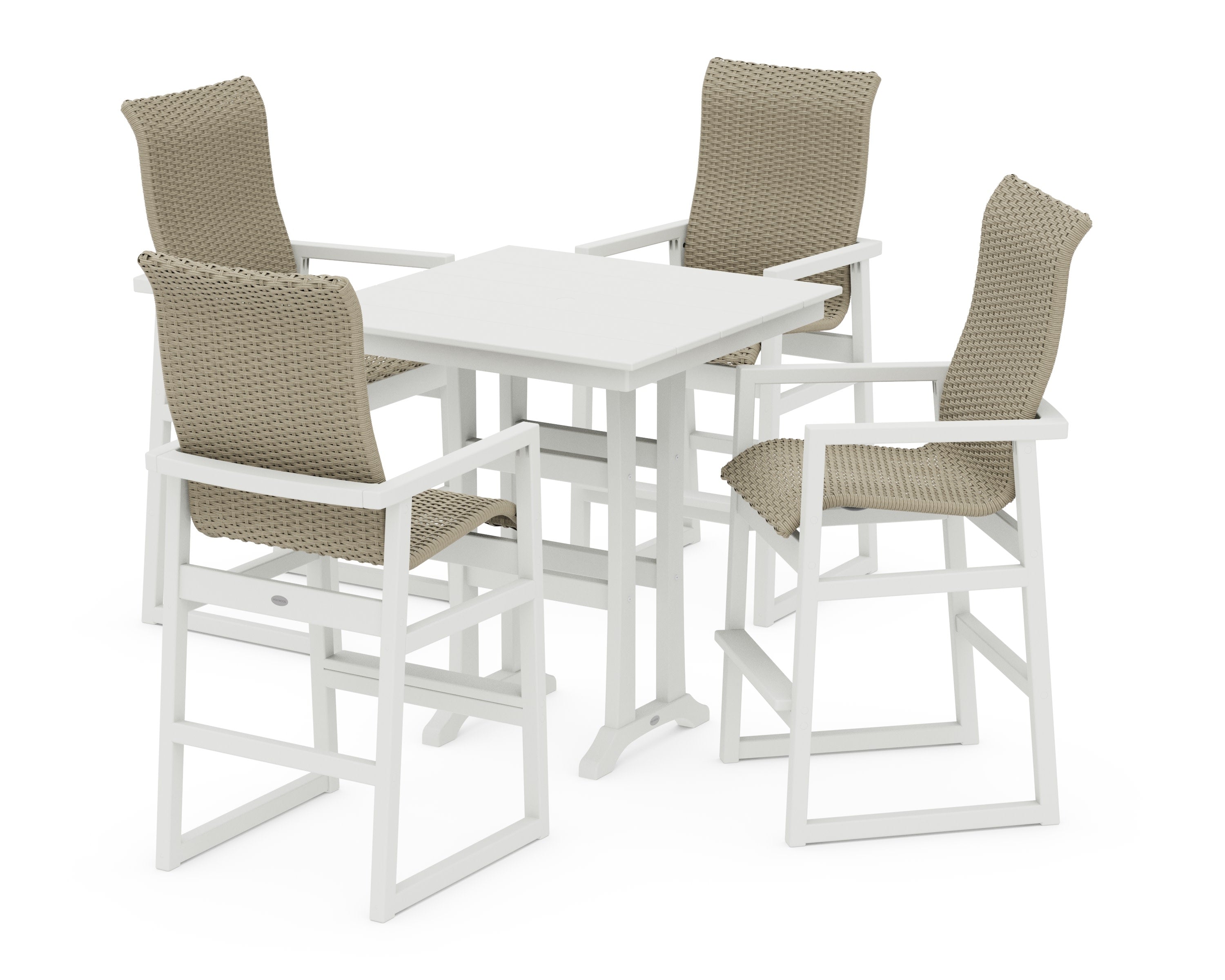 EDGE Woven Highback 5-Piece Farmhouse Bar Set with Trestle Legs in White / Dune Grass