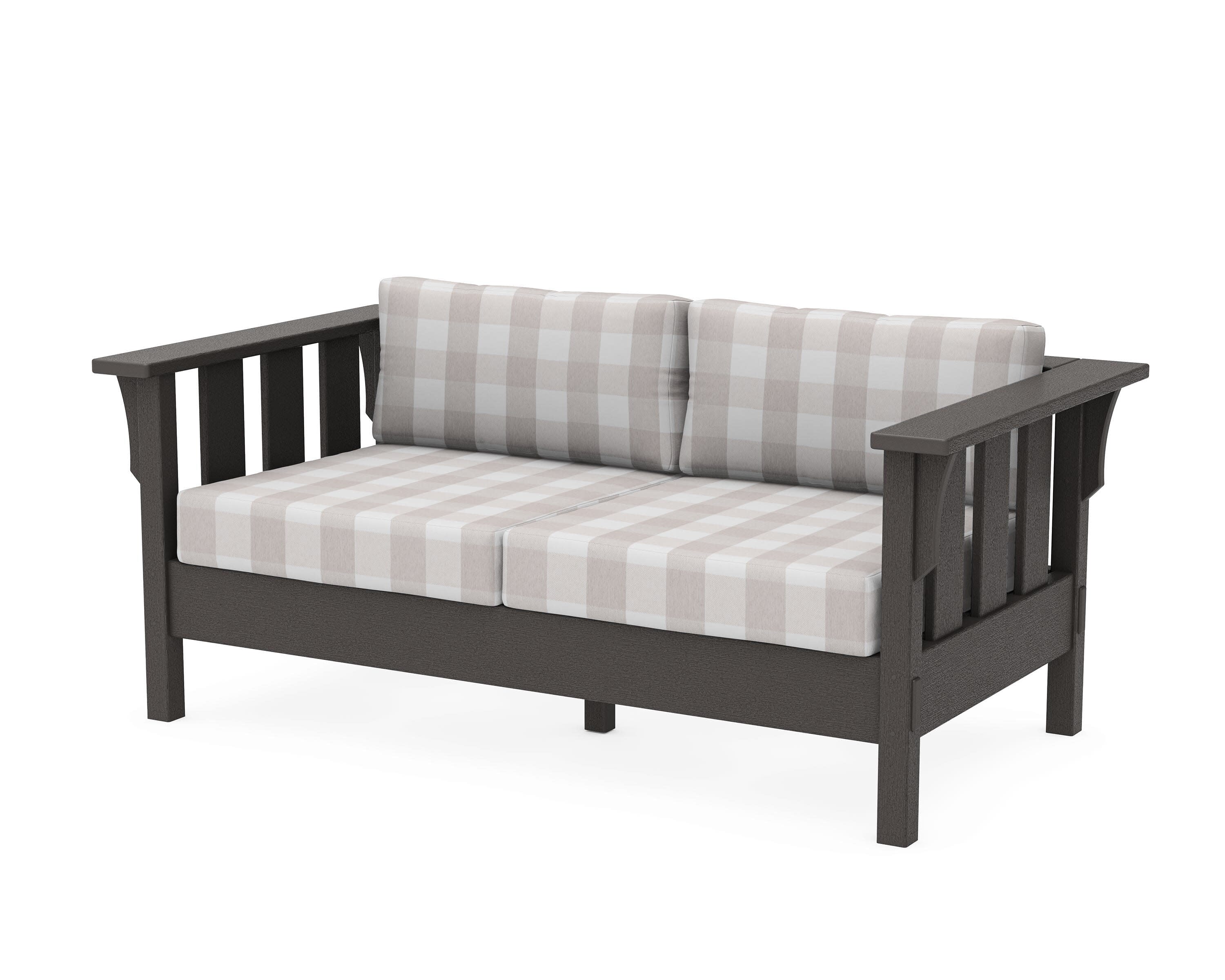 Acadia Deep Seating Loveseat in Vintage Coffee / Buffalo Plaid Dune Burlap
