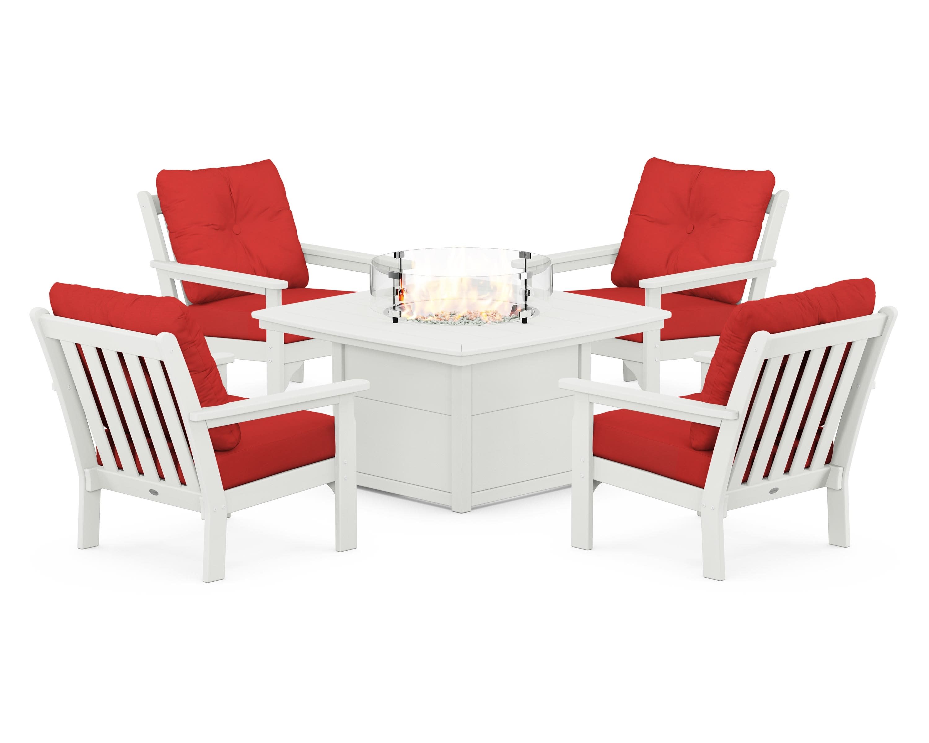 Vineyard 5-Piece Conversation Set with Fire Pit Table in Vintage White / Crimson Linen