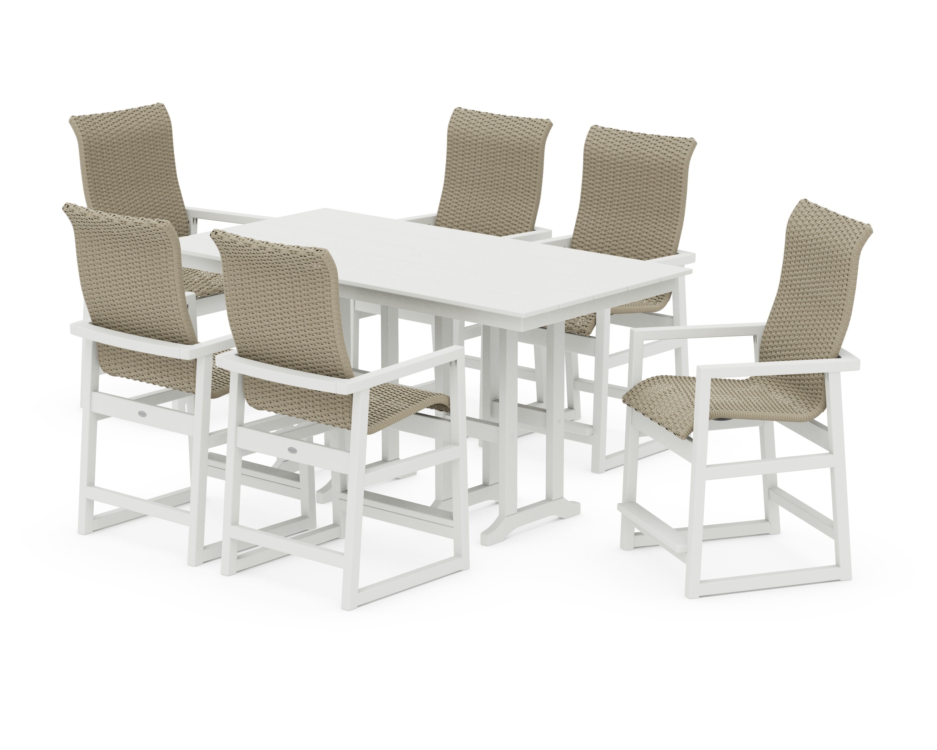 EDGE Woven Highback Arm Chair 7-Piece Farmhouse Counter Set in White / Dune Grass