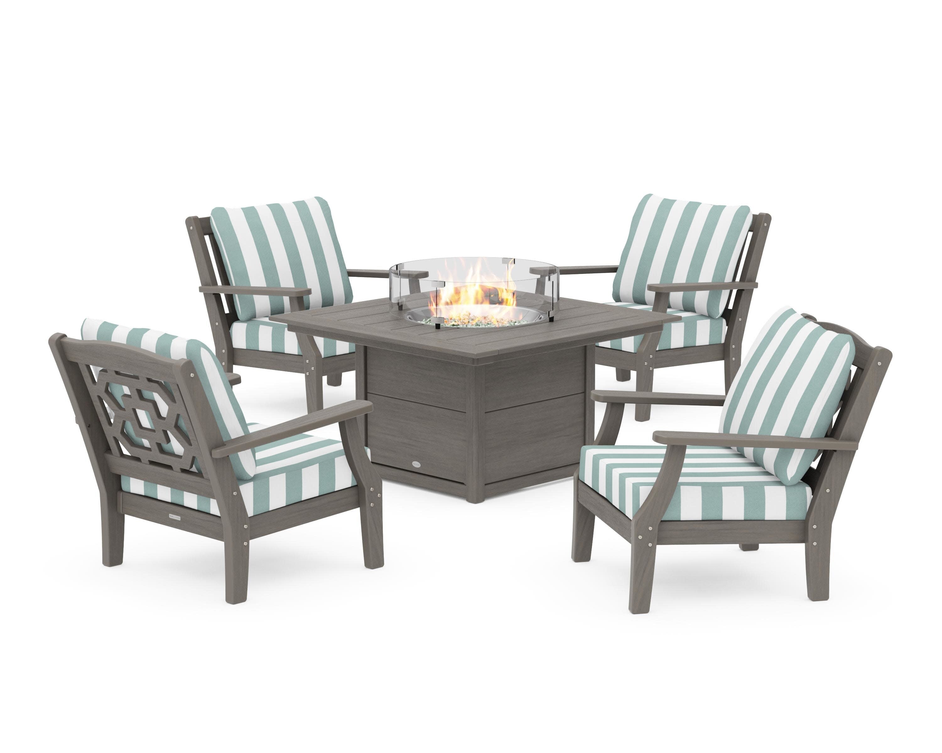 Chinoiserie 5-Piece Deep Seating Set with Fire Pit Table in Driftwood / Cabana Stripe Glacier Spa