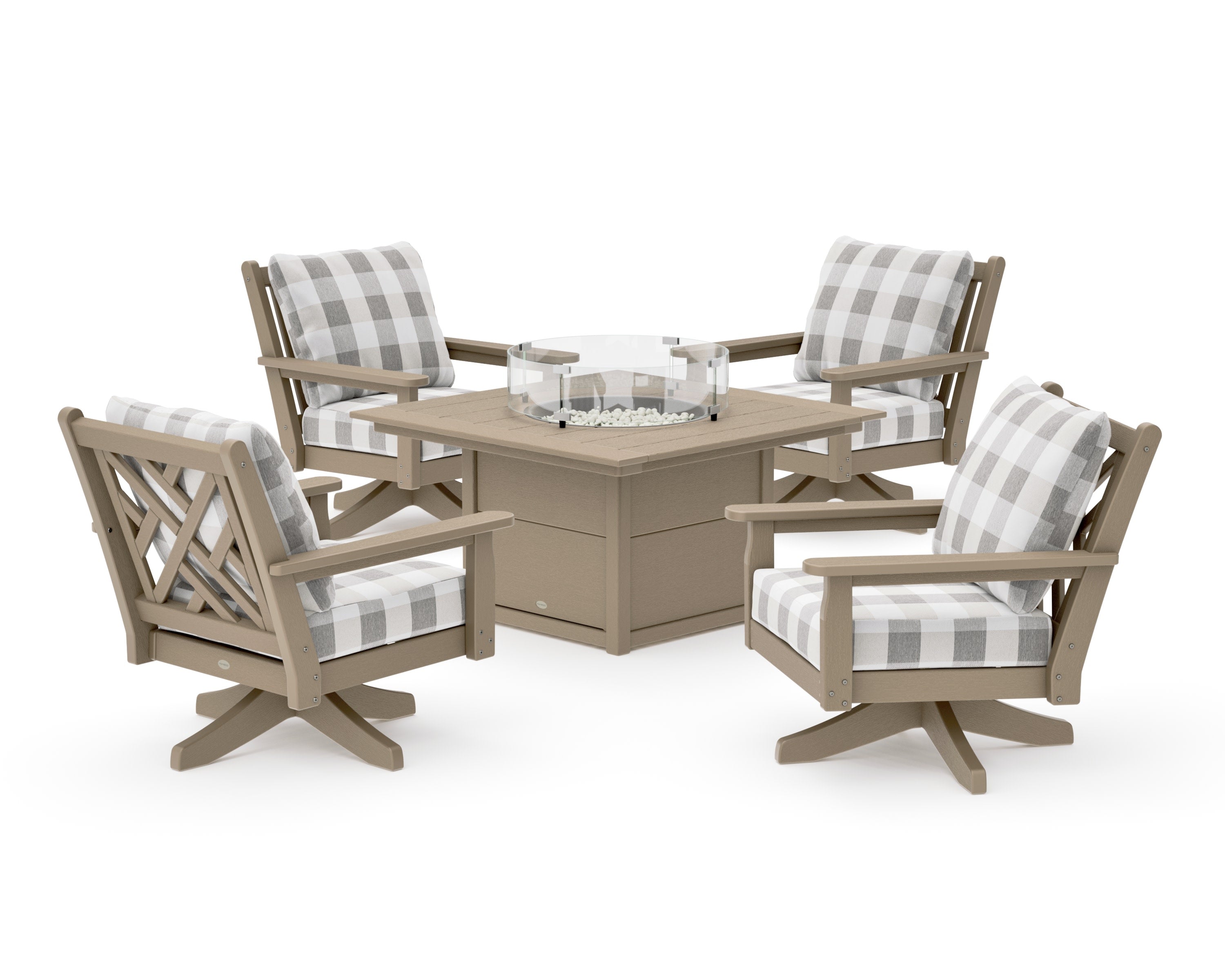 Chippendale 5-Piece Deep Seating Swivel Conversation Set with Fire Pit Table in Vintage Sahara / Buffalo Plaid Grey Mist