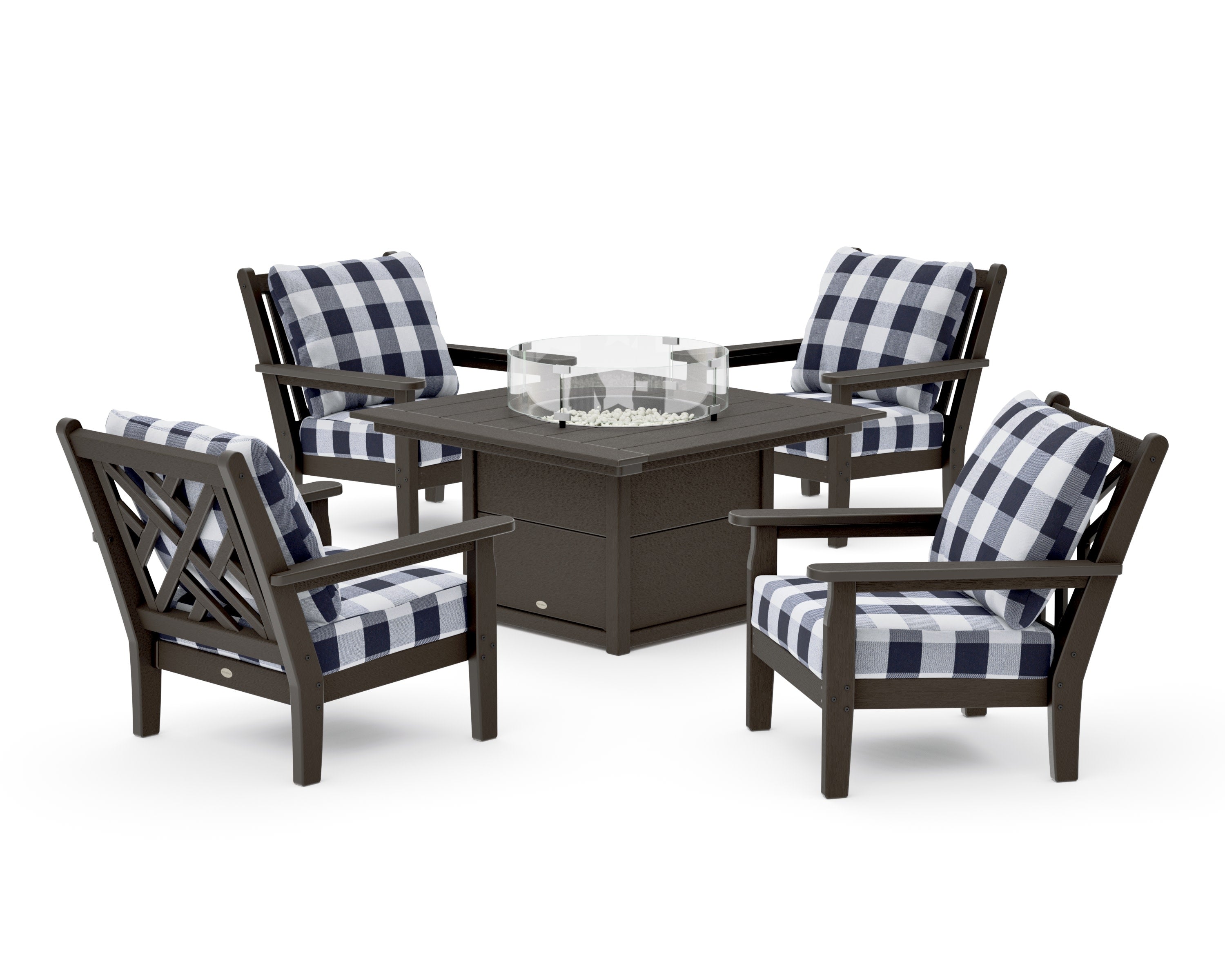 Chippendale 5-Piece Deep Seating Set with Fire Pit Table in Vintage Coffee / Buffalo Plaid Navy