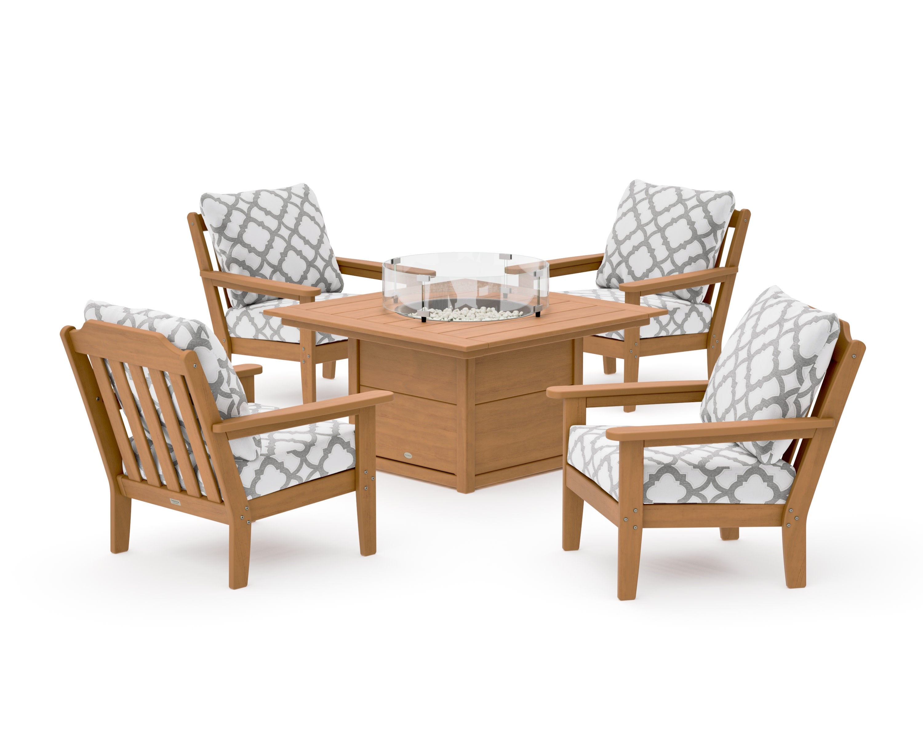 Cottage 5-Piece Deep Seating Set with Fire Pit Table in Natural / Trellis Grey Mist