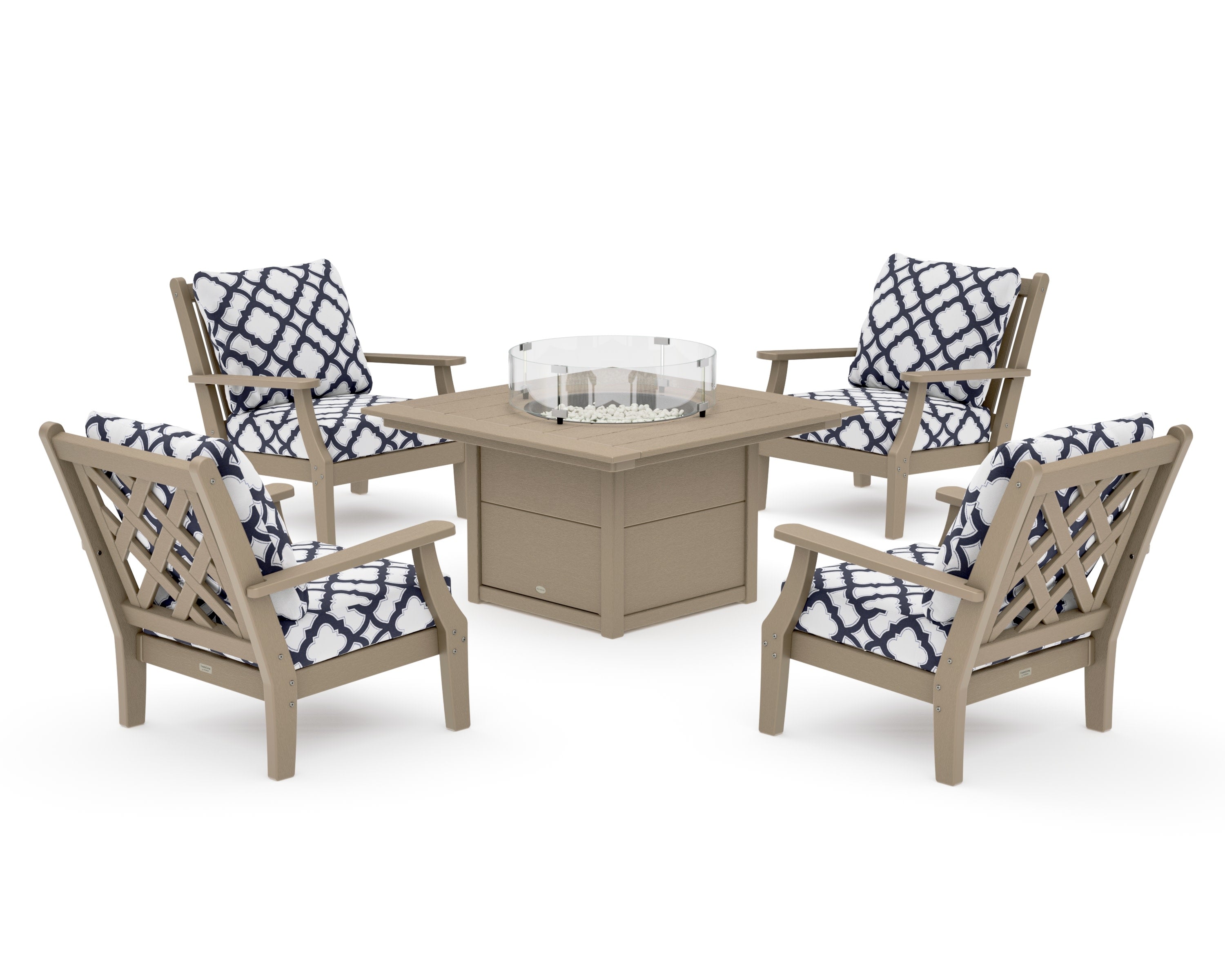 Wovendale 5-Piece Deep Seating Set with Fire Pit Table in Vintage Sahara / Trellis Navy
