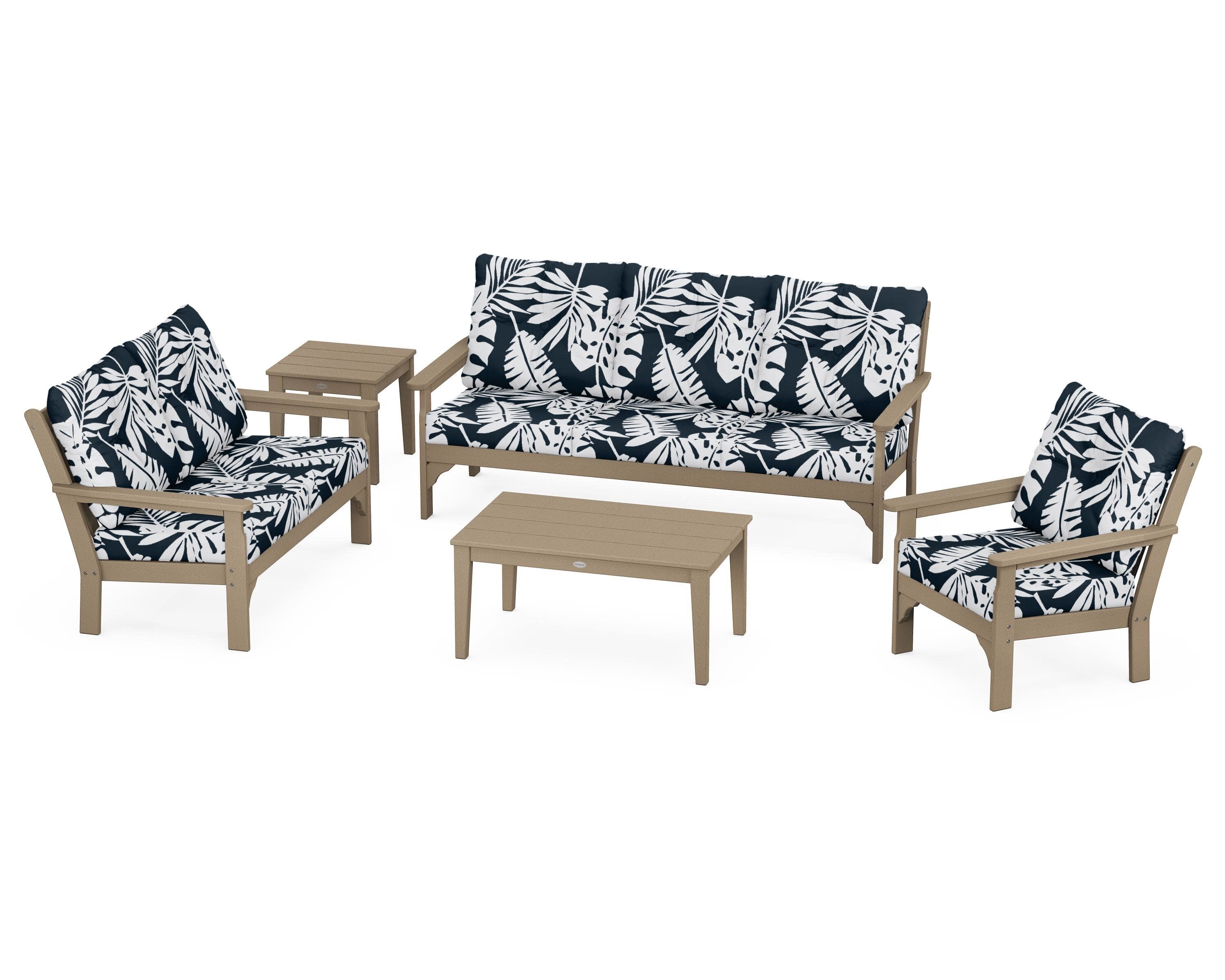 Vineyard 5 Piece Deep Seating Set in Vintage Sahara / Leaf Marine Indigo