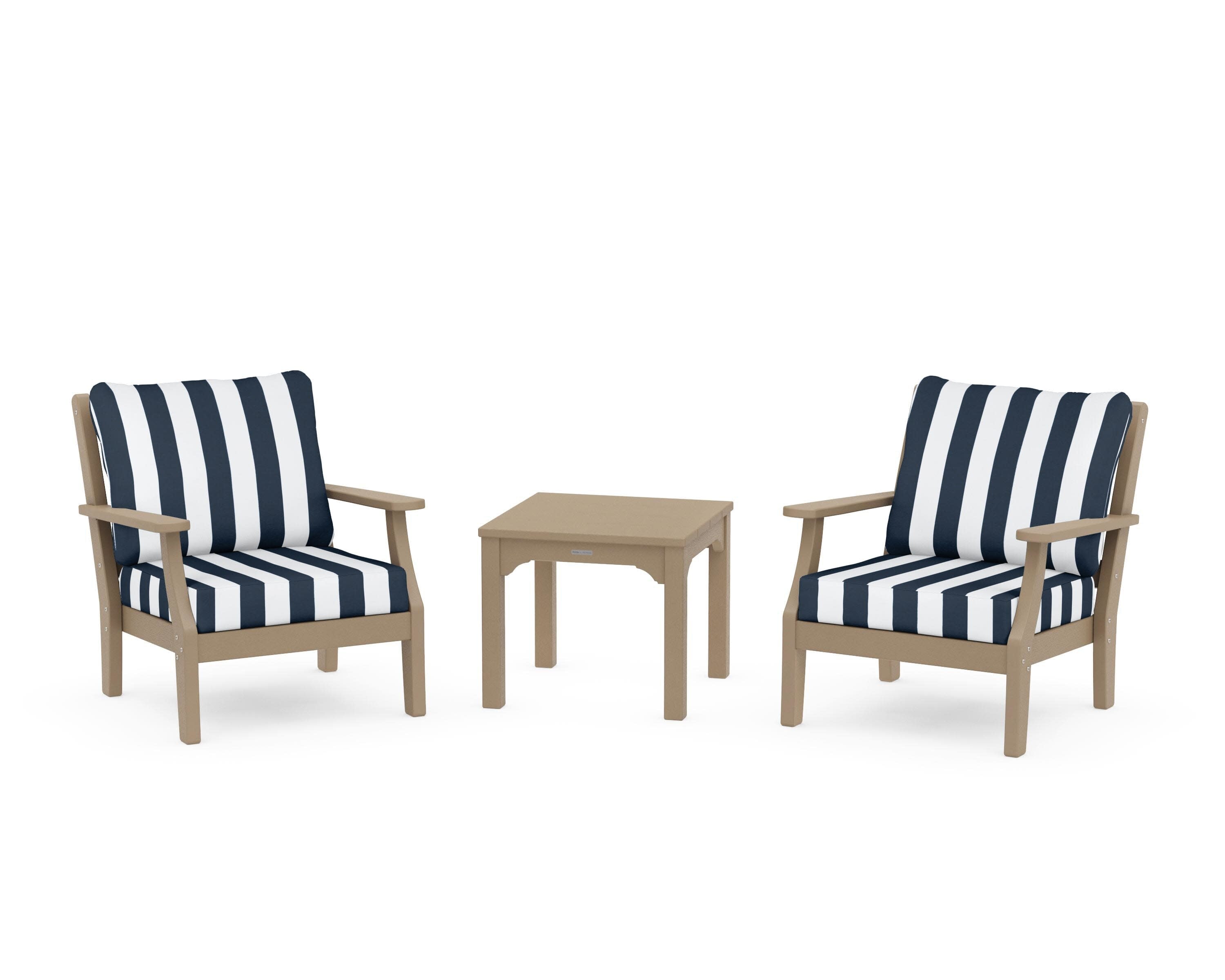 Chinoiserie 3-Piece Deep Seating Set in Vintage Sahara / Cabana Stripe Marine Indigo