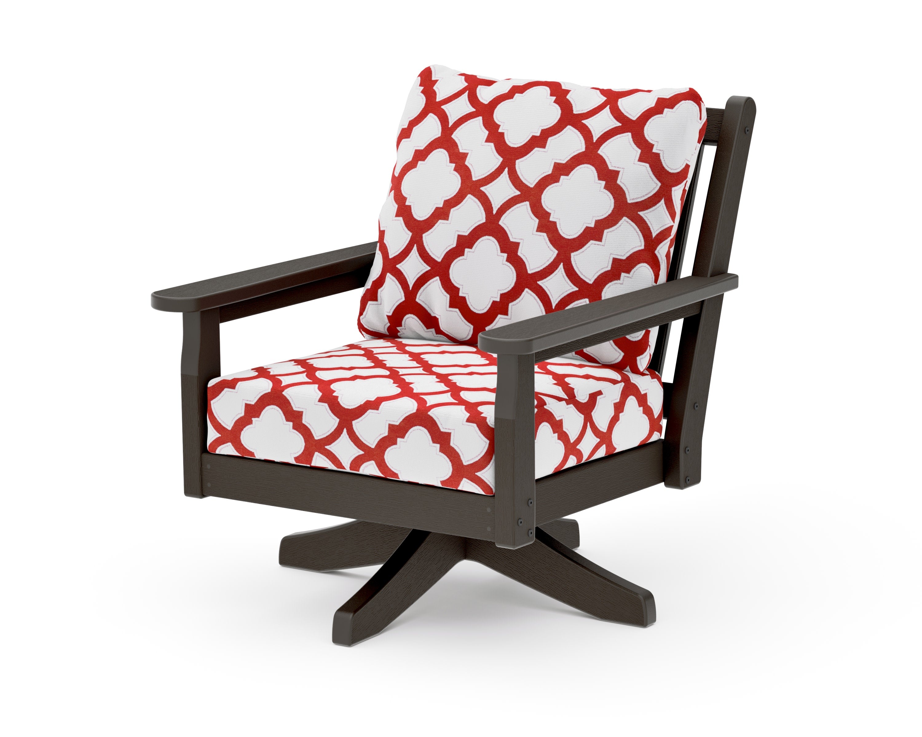 Chippendale Deep Seating Swivel Chair in Vintage Coffee / Trellis Crimson