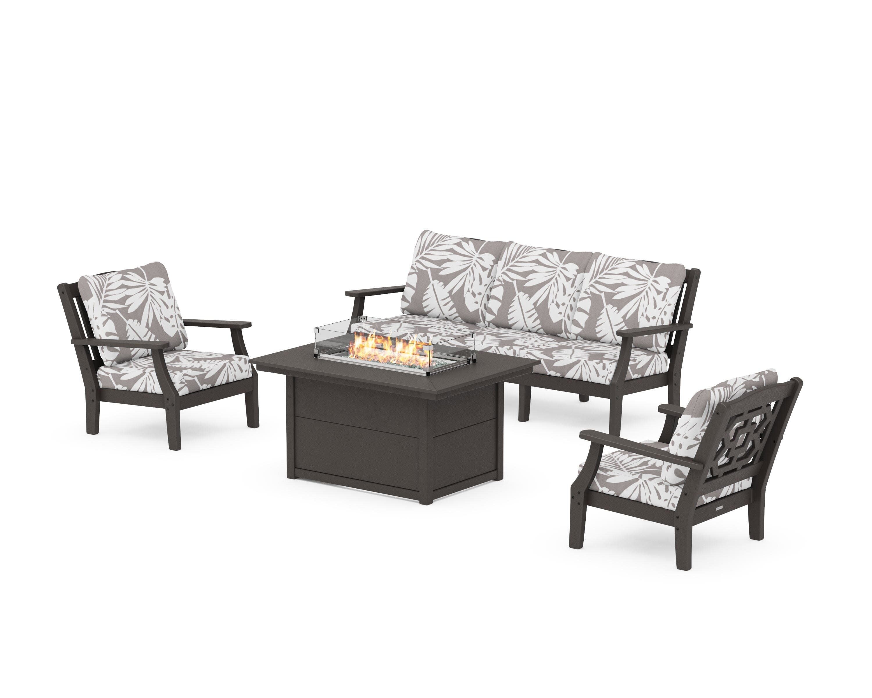 Chinoiserie Deep Seating Fire Pit Table Set in Vintage Coffee / Leaf Grey Mist