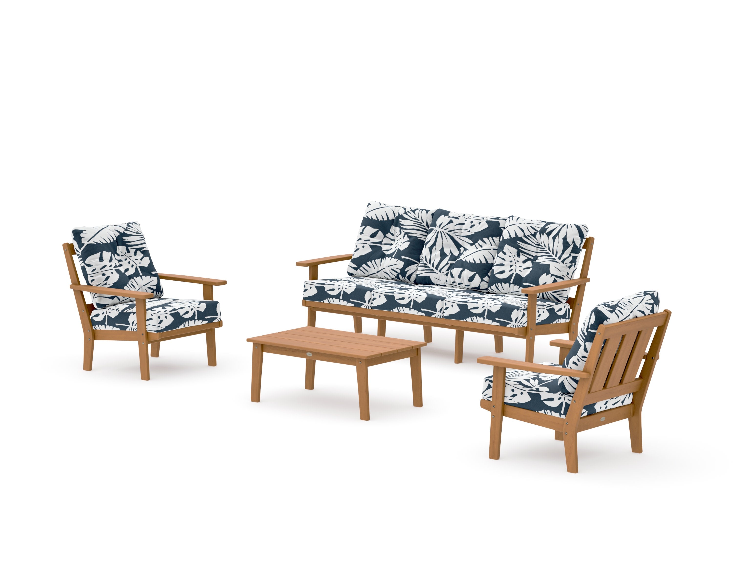 Oxford 4-Piece Deep Seating Set with Sofa in Natural / Leaf Marine Indigo