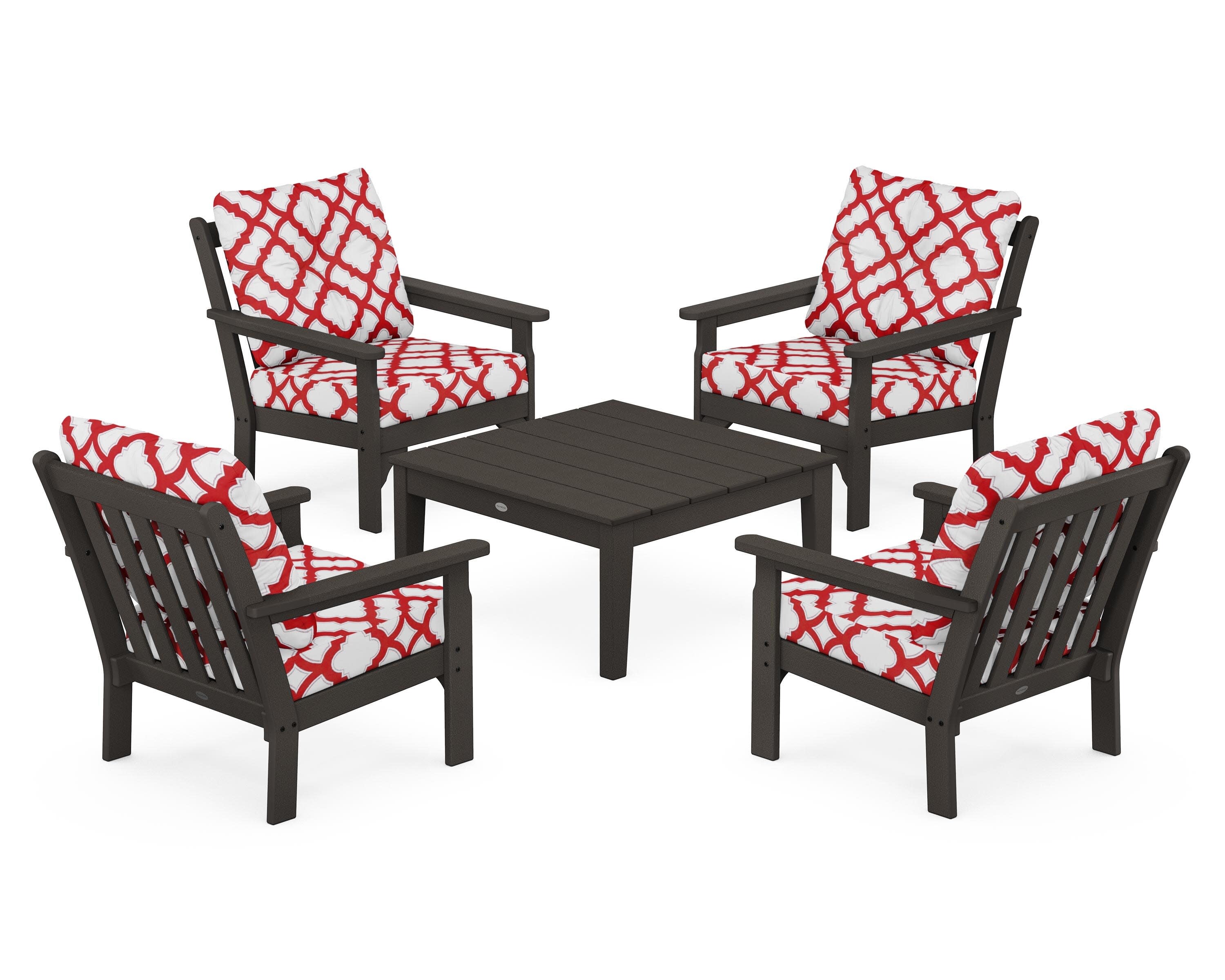 Vineyard 5-Piece Deep Seating Conversation Set in Vintage Coffee / Trellis Crimson
