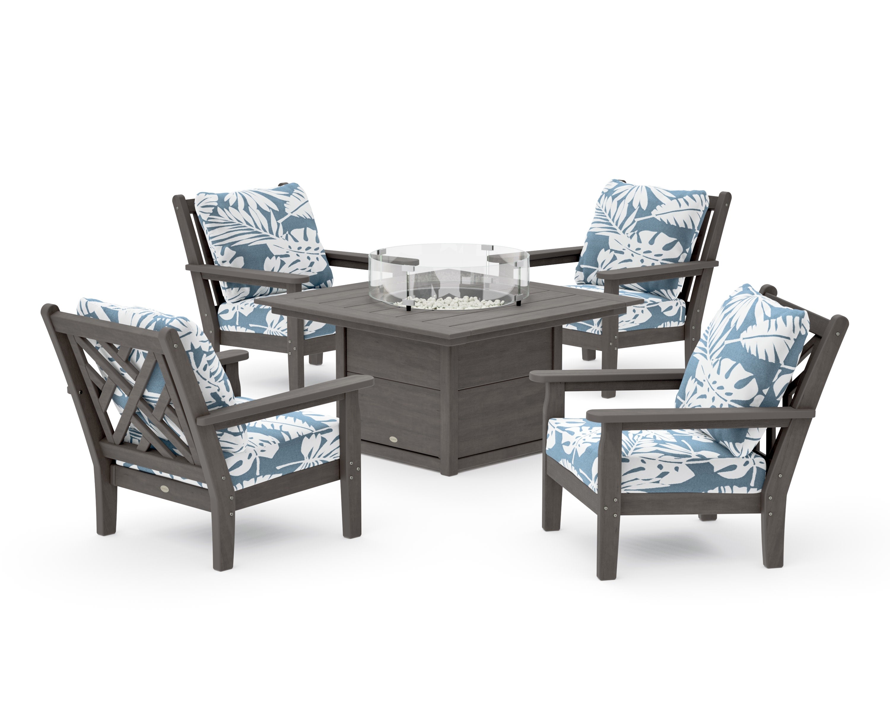 Chippendale 5-Piece Deep Seating Set with Fire Pit Table in Driftwood / Leaf Sky Blue
