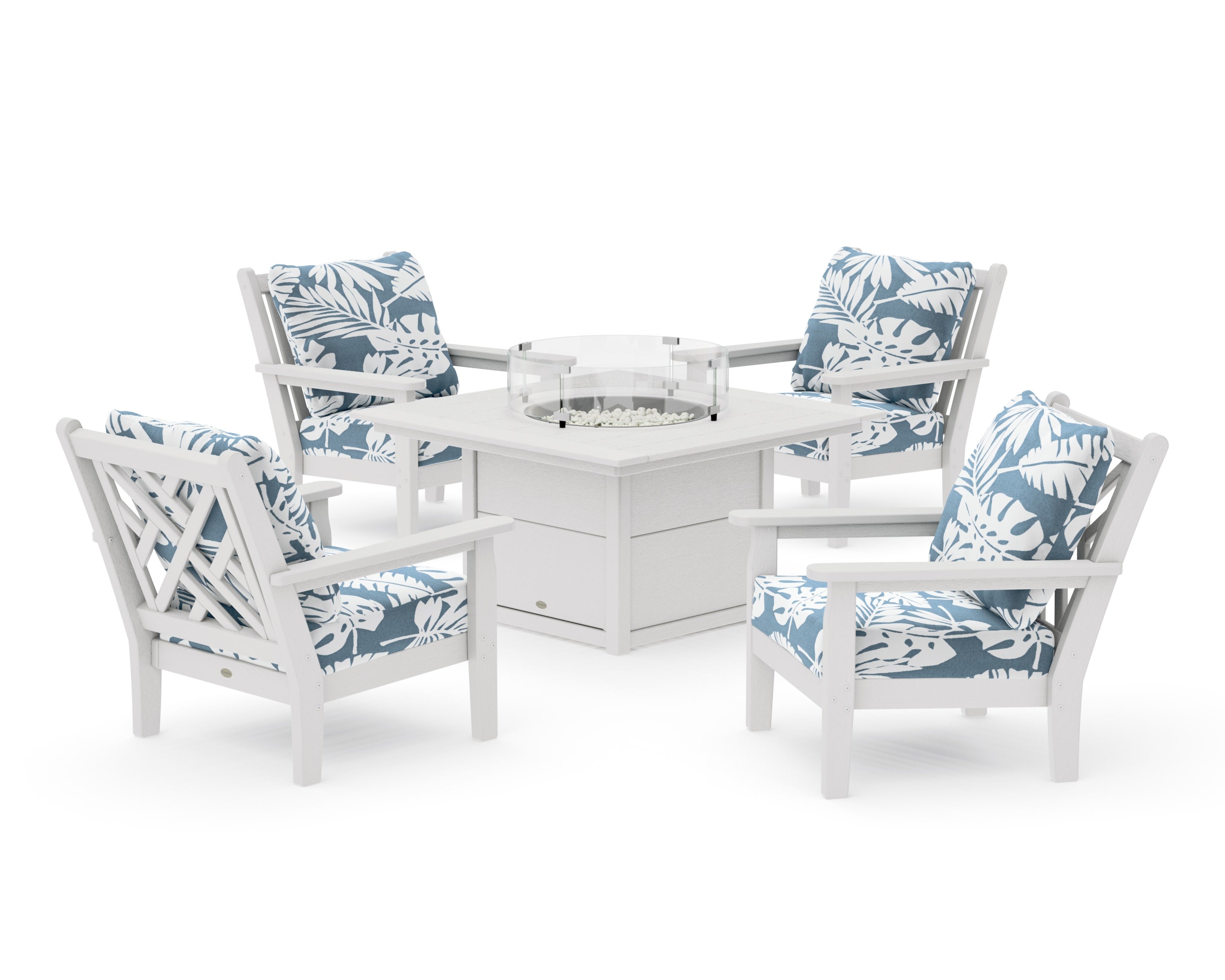 Chippendale 5-Piece Deep Seating Set with Fire Pit Table in Vintage White / Leaf Sky Blue