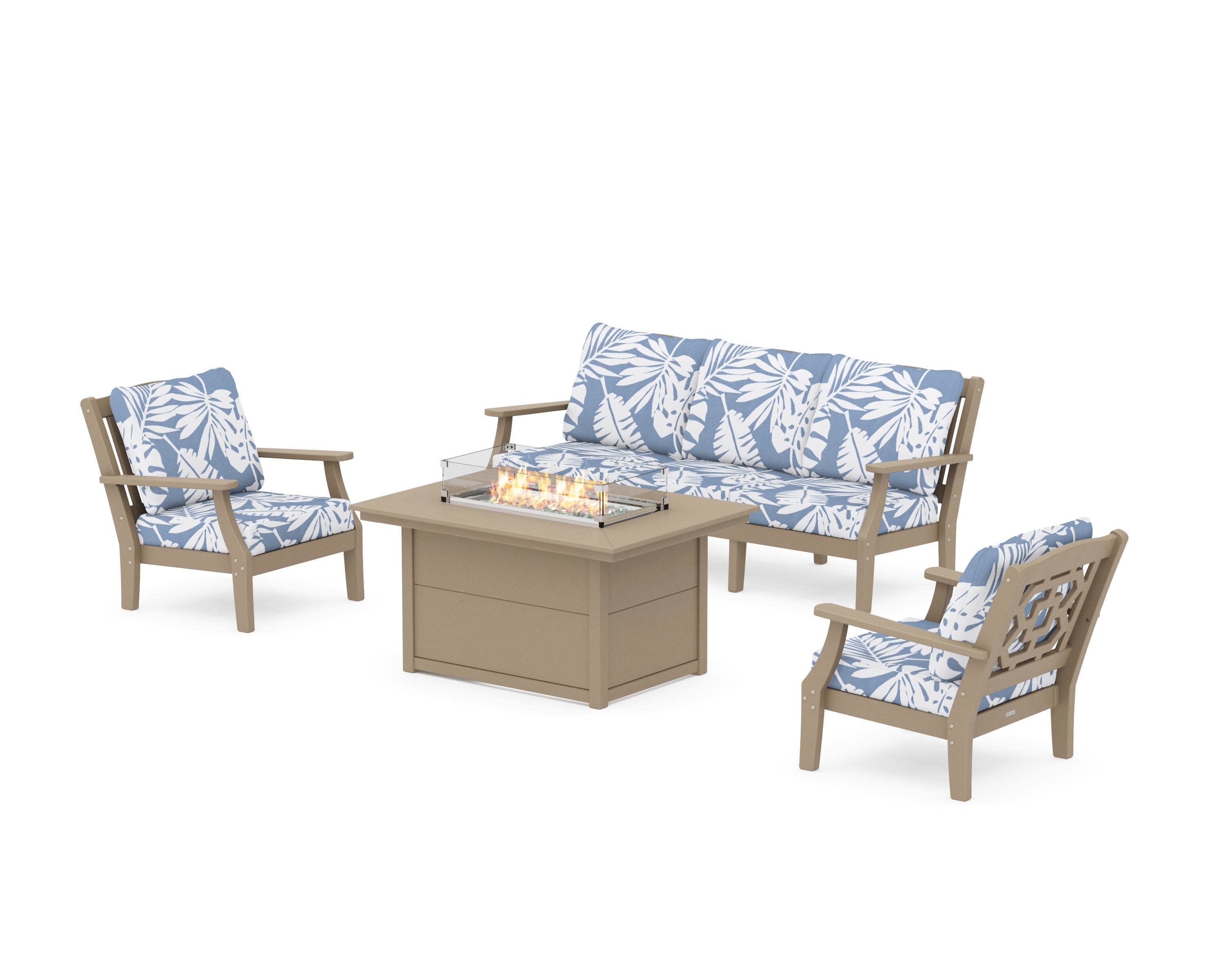 Chinoiserie Deep Seating Fire Pit Table Set in Vintage Sahara / Leaf Sky Blue