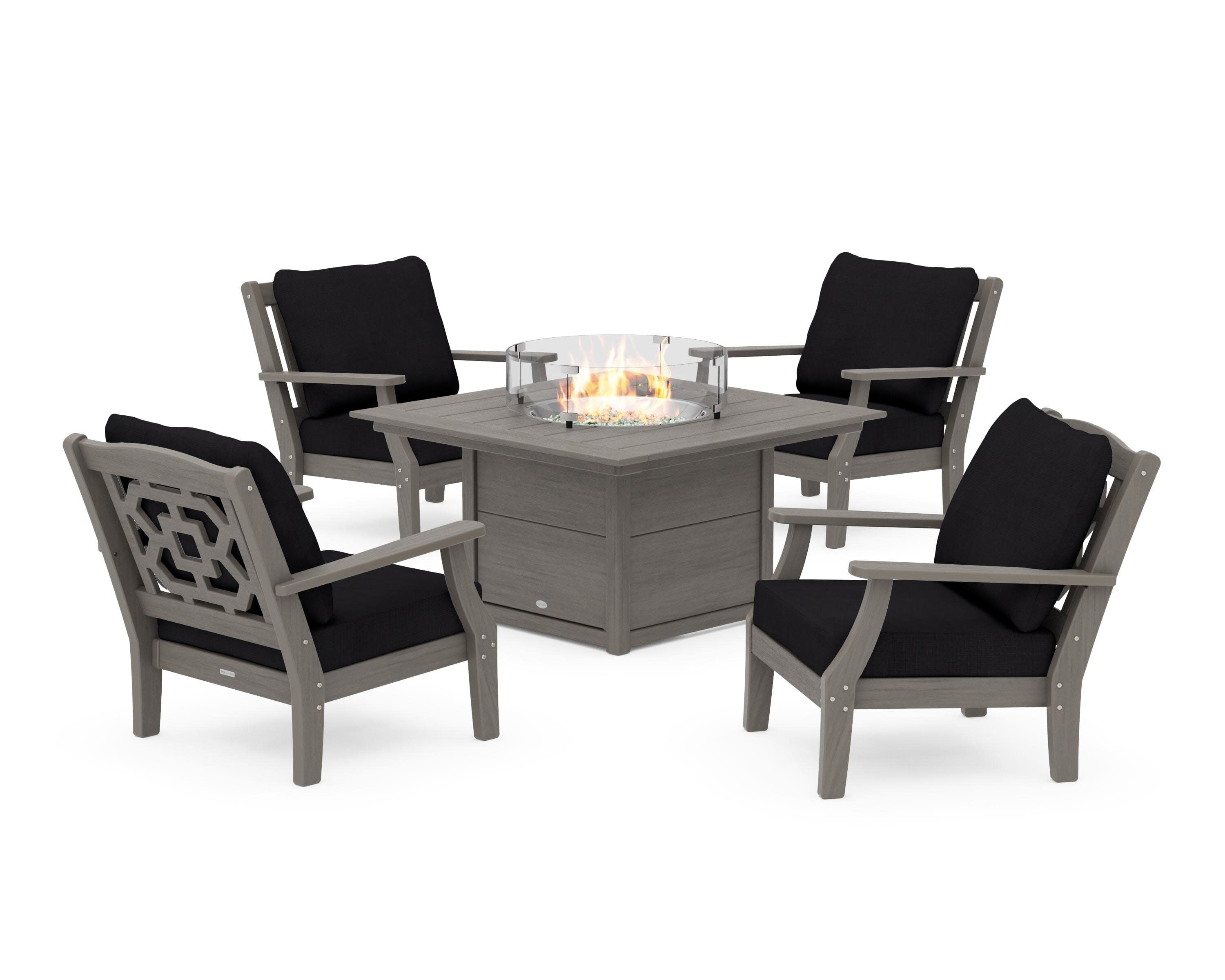 Chinoiserie 5-Piece Deep Seating Set with Fire Pit Table in Driftwood / Midnight Linen