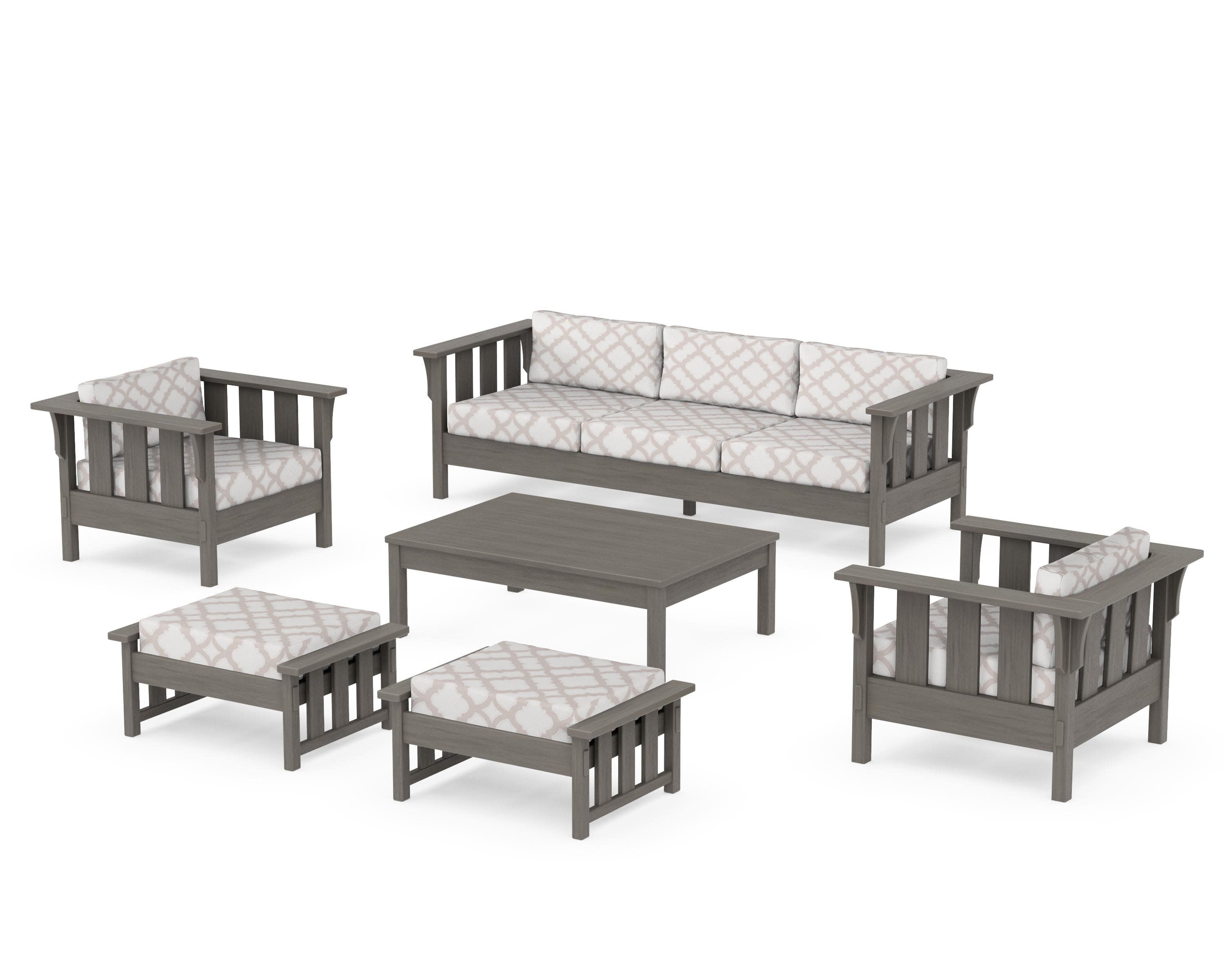 Acadia 6-Piece Lounge Sofa Set in Driftwood / Trellis Dune Burlap