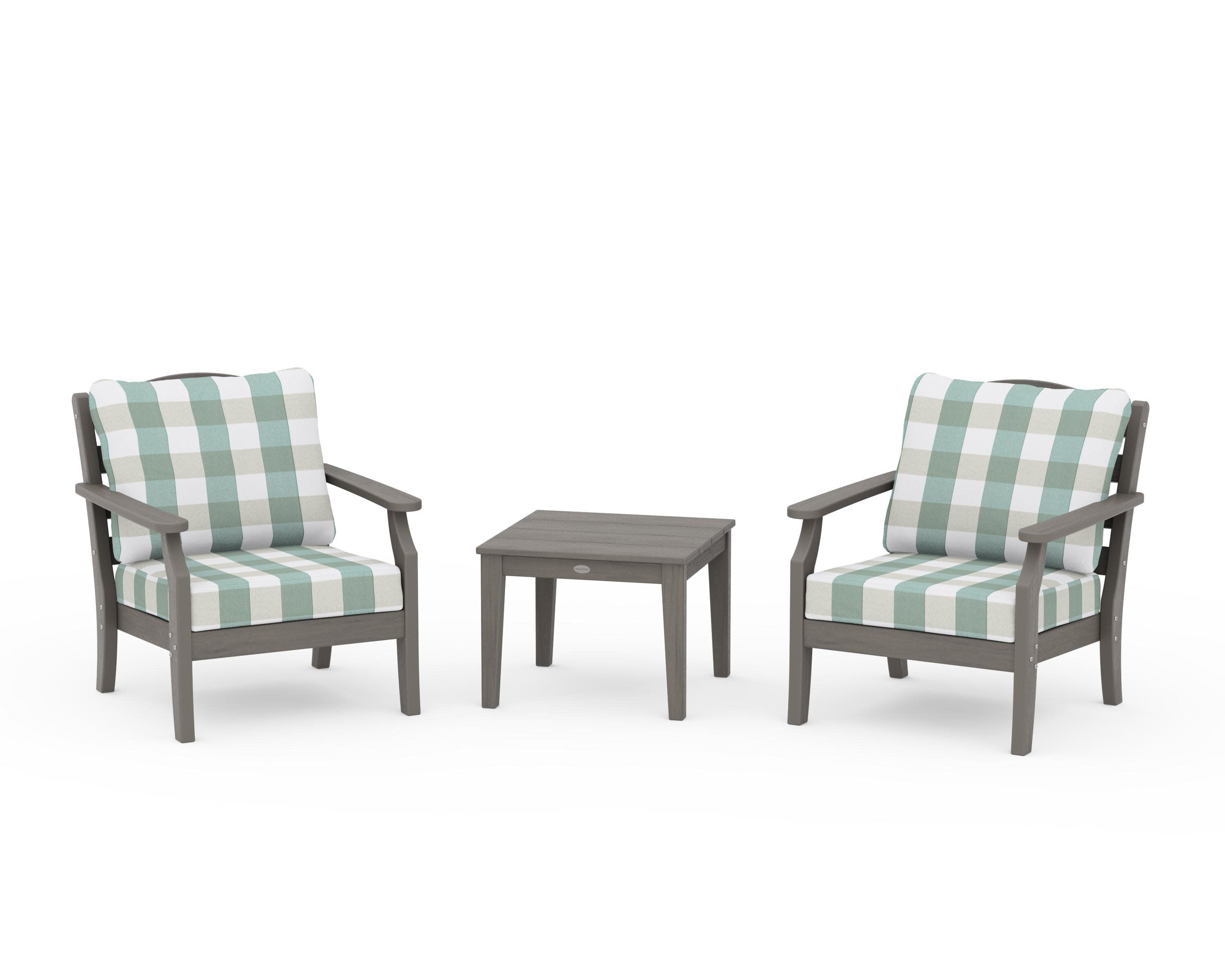 Savannah 3-Piece Deep Seating Set in Driftwood / Buffalo Plaid Glacier Spa