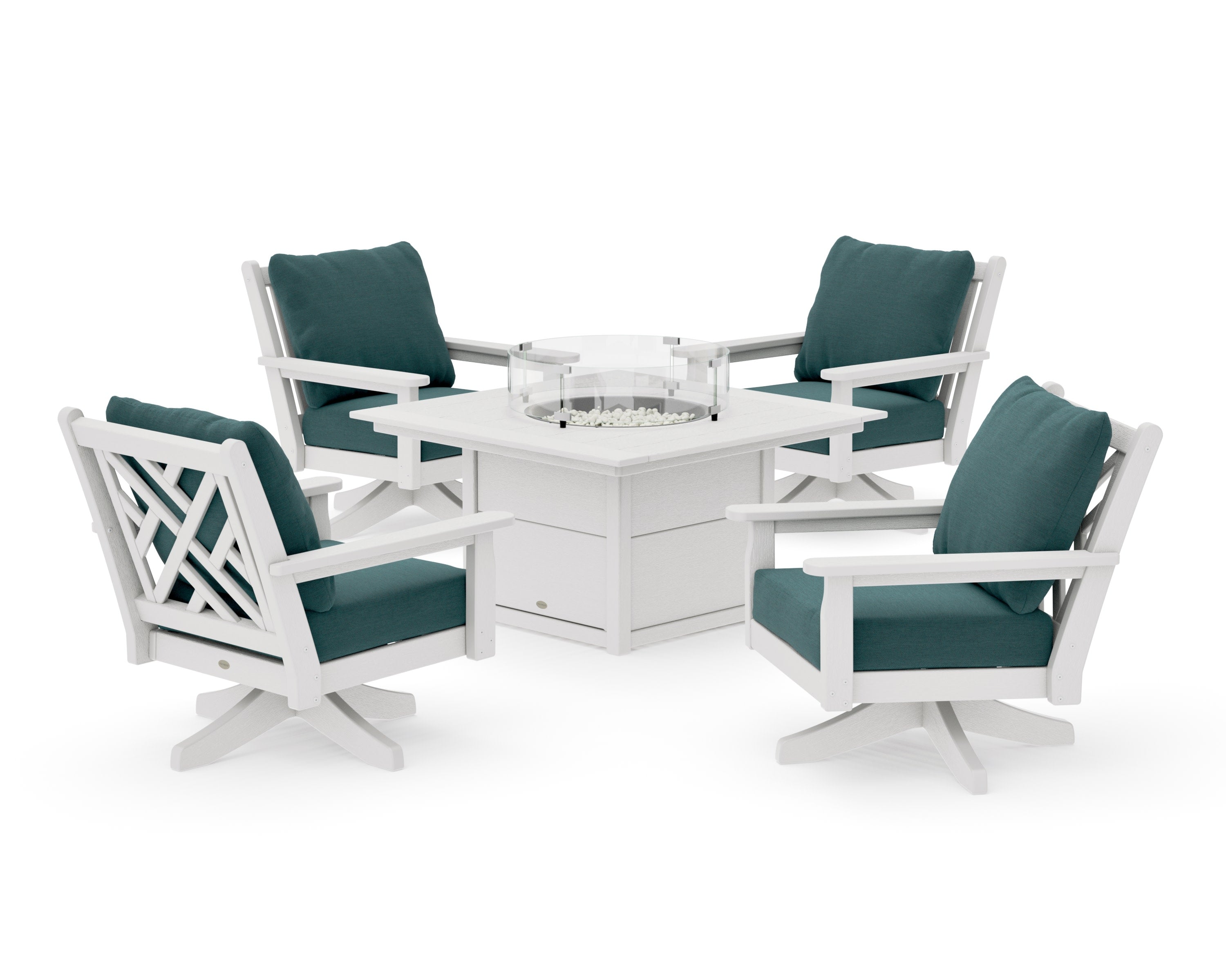 Chippendale 5-Piece Deep Seating Swivel Conversation Set with Fire Pit Table in Vintage White / Ocean Teal
