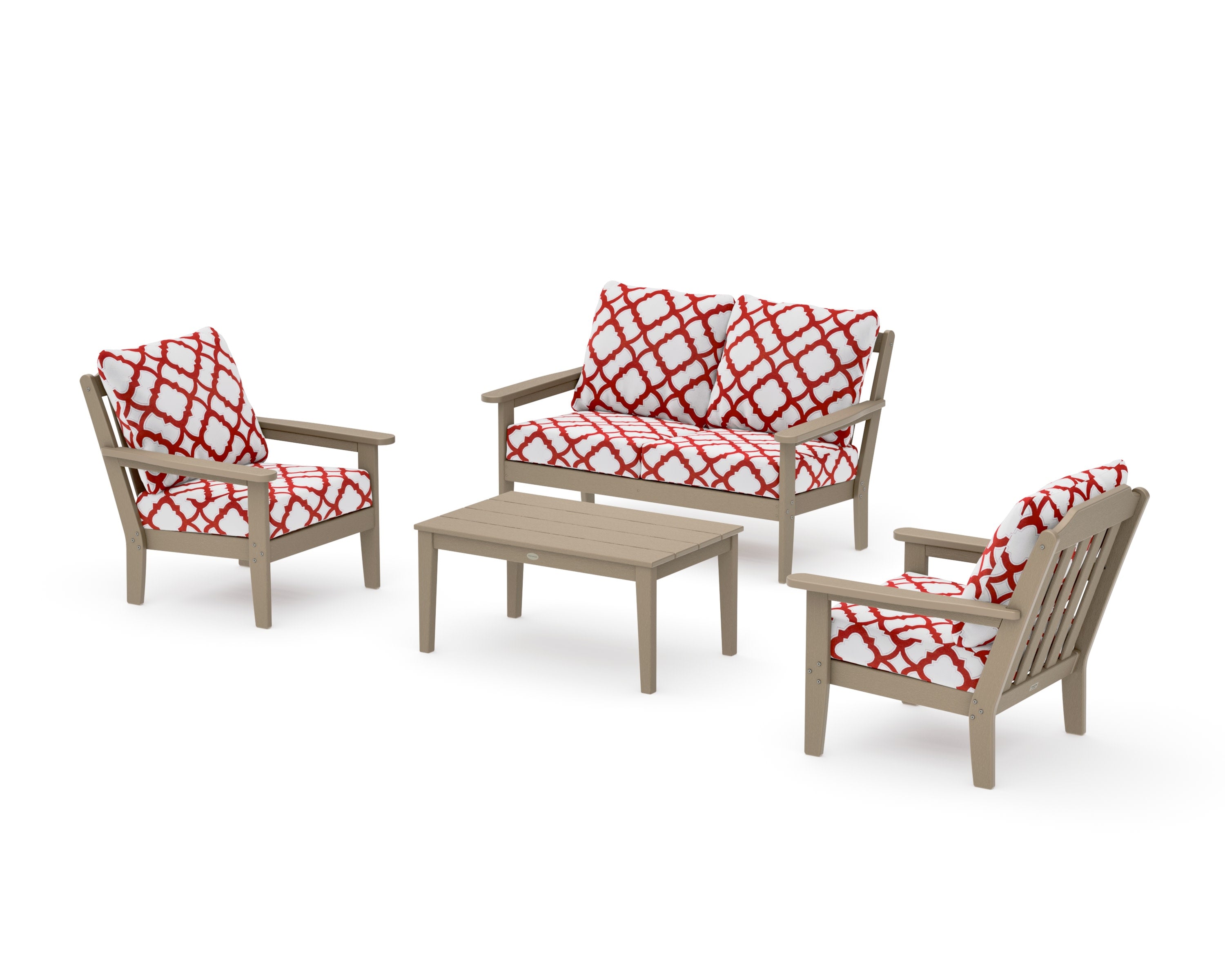 Cottage 4-Piece Deep Seating Set with Loveseat in Vintage Sahara / Trellis Crimson